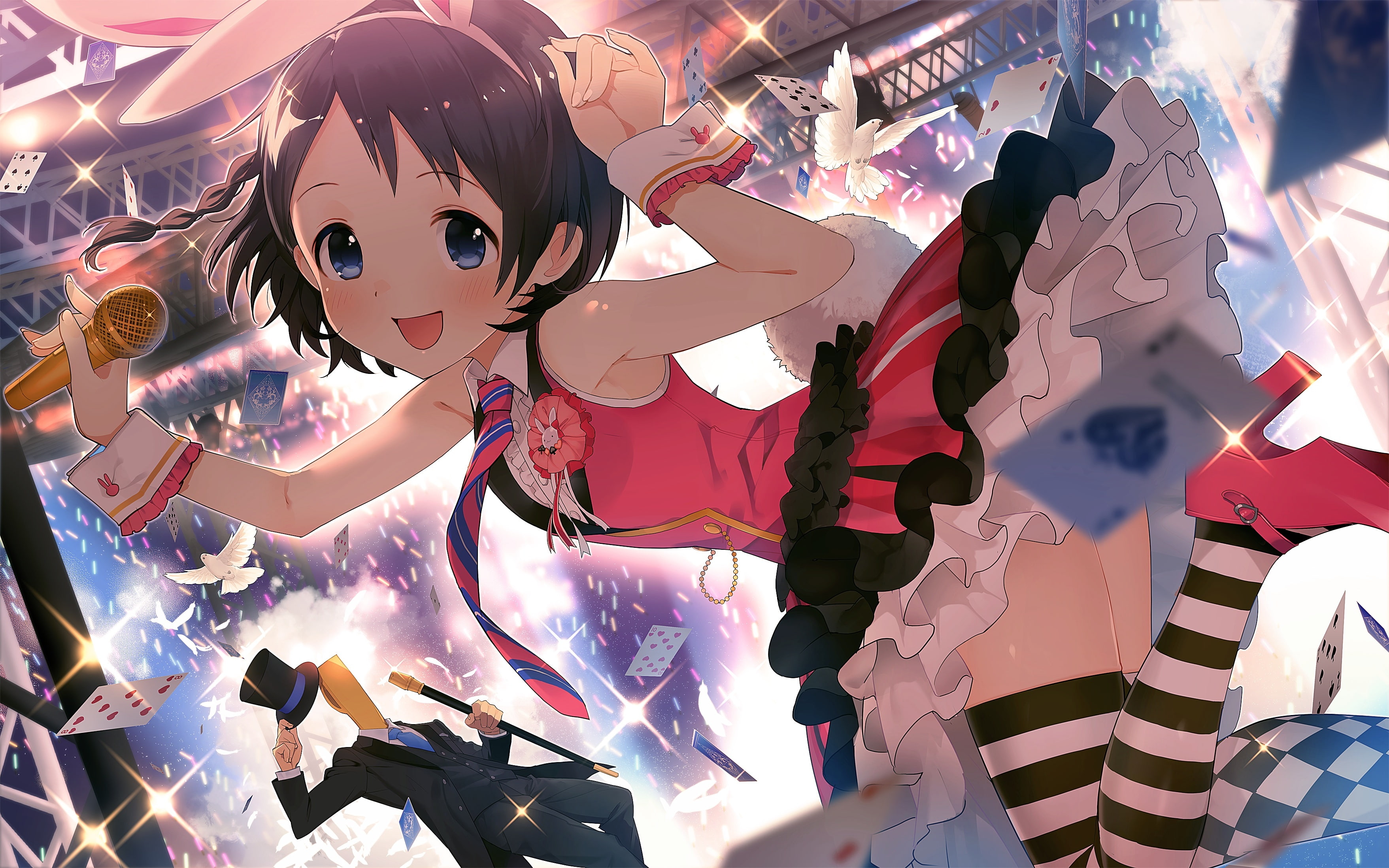 staff, tail, bunny, bird, hair, idolmaster, animal, loli, tie, ears, short, skirt, sasaki, male, black, com, hat, 251061, blue, konachan, eyes, chie, thighhighs, HD Wallpaper