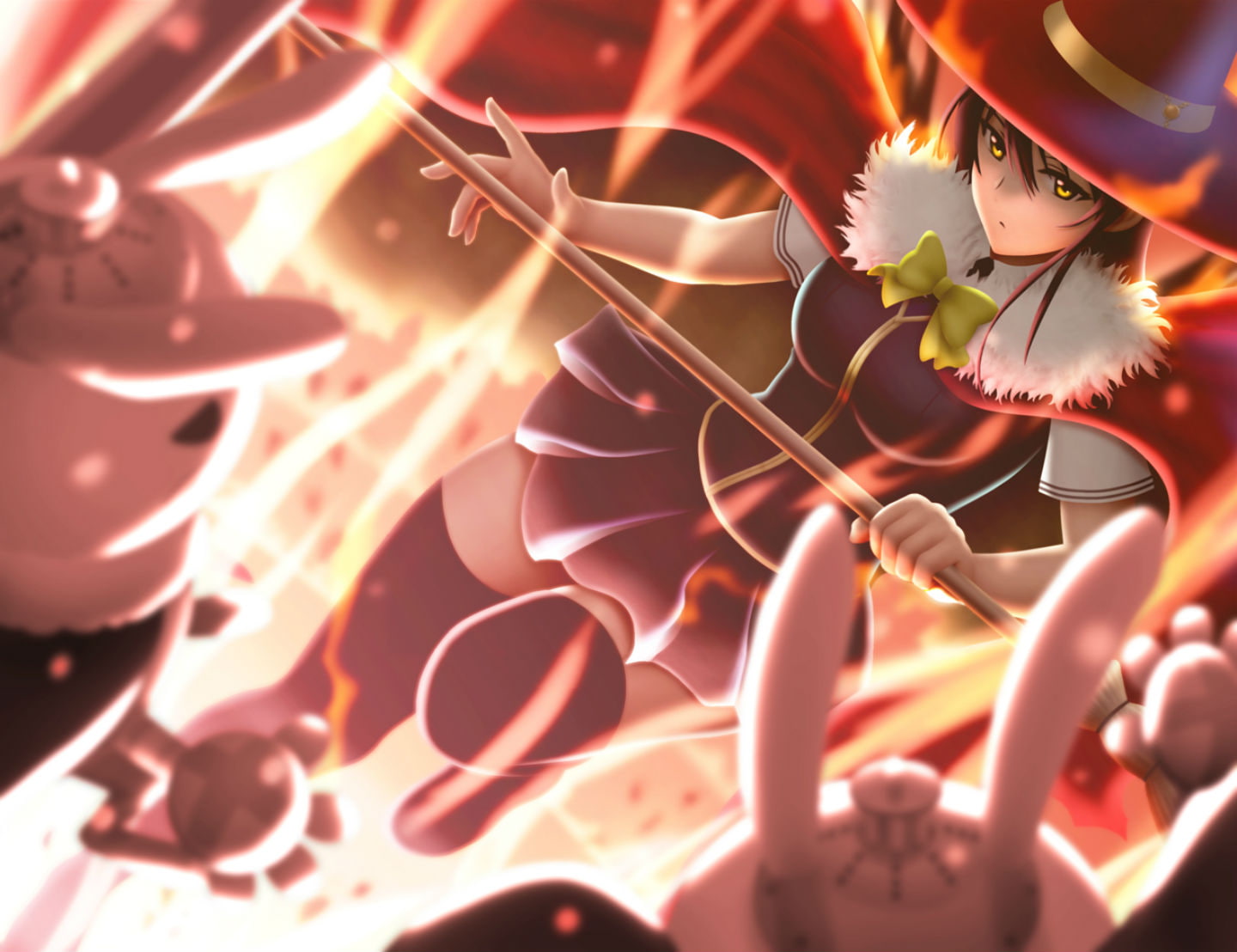 thighhighs, craft, siraha, fire, wand, bow, hair, zettai, hat, ryouiki, ayaka, 720P, cape, works, kagari, long, yellow, black, eyes, witch, seifuku, HD Wallpaper