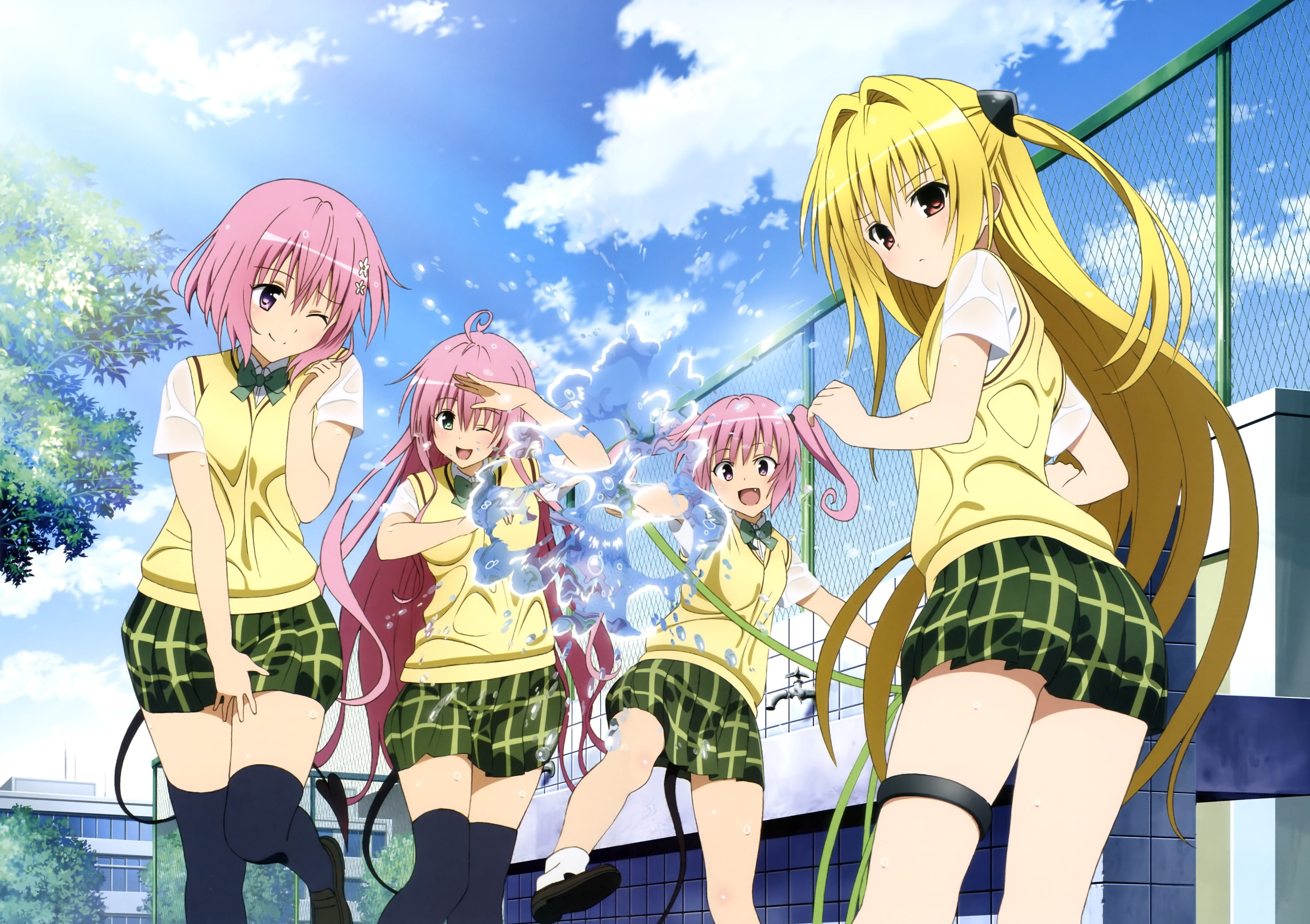 sky, brown, pink, seifuku, water, skirt, long, love, 2K, clouds, eyes, short, hair, tail, wet, green, wink, to love ru, socks, twintails, bow, thighhighs, HD Wallpaper