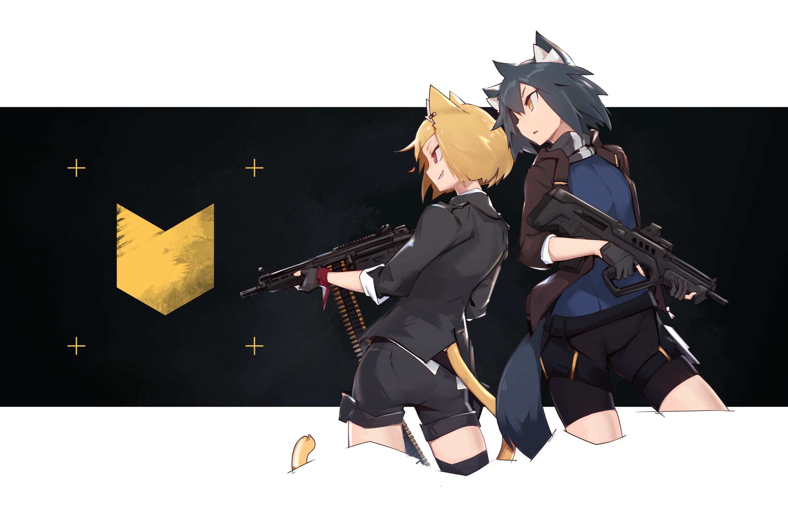 stage, men, obscured face, thighhighs, bike, real people, weapon, gun, yellow, women, blonde, leisure activity, red, eyes, konachan, holding, arts culture and entertainment, HD Wallpaper
