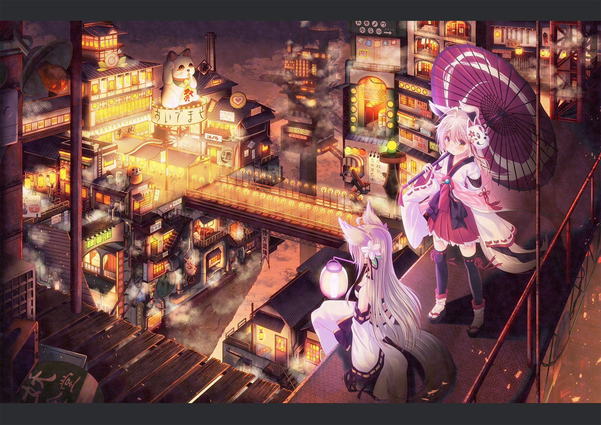 com, long, original, mask, white, eyes, foxgirl, yellow, umbrella, city, flowers, 251973, clothes, thighhighs, konachan, hair, animal, 1080P, japanese, HD Wallpaper