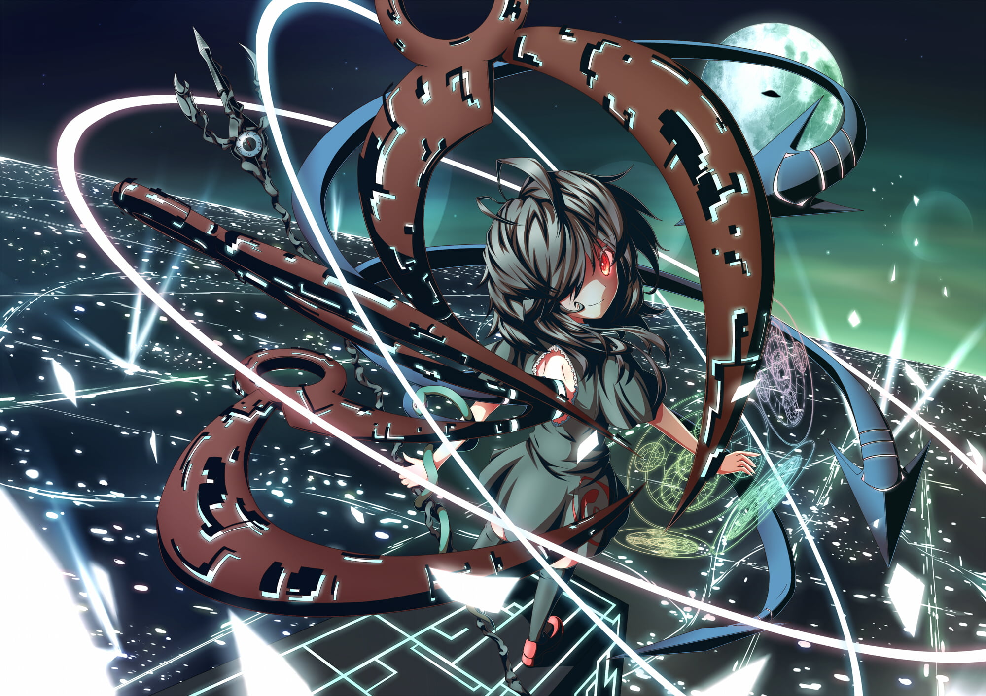 representation, nue, indoors, night, weapon, stars, lighting equipment, eyes, thighhighs, connection, no people, close-up, red, creativity, ugume, 1080P, HD Wallpaper