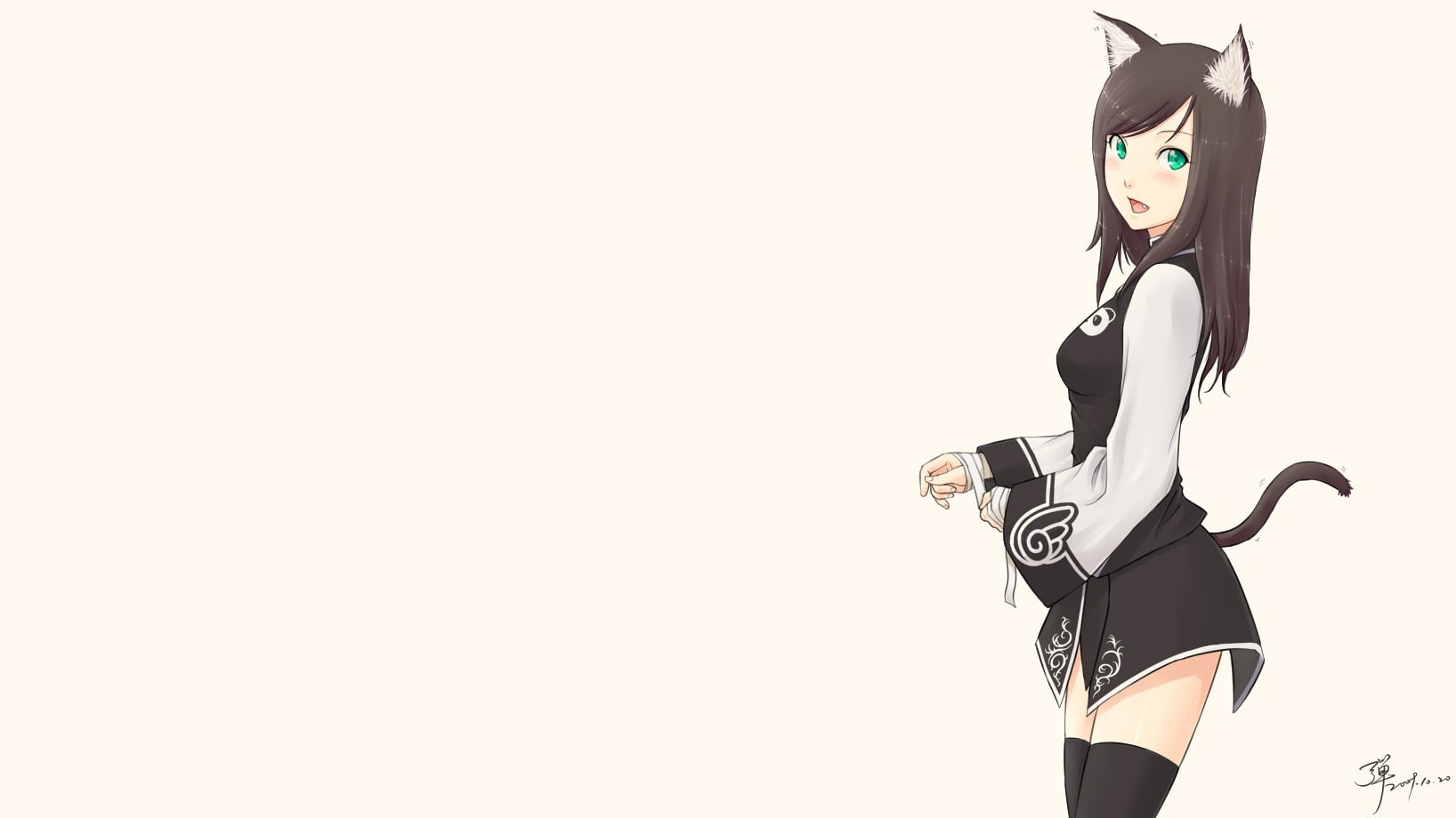249566, hair, fantasy, ears, animal, brown, ryouiki, white, thighhighs, tail, catgirl, zettai, photoshop, com, konachan, bandage, zero, green, adam700403, HD Wallpaper