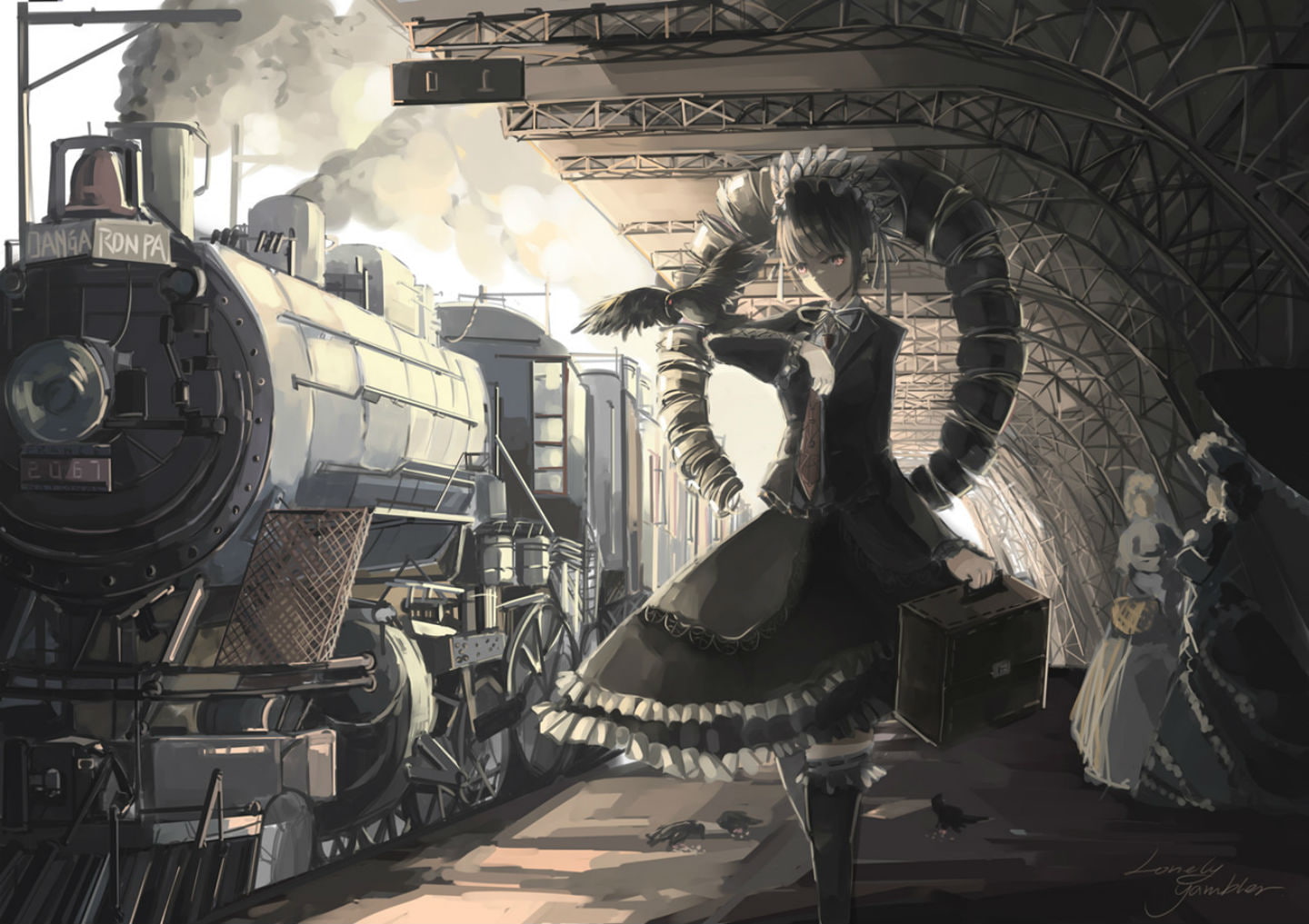animal, train, pink, goth loli, bird, 720P, twintails, rudenberk, eyes, qianqian, thighhighs, dangan ronpa, tie, dress, headdress, celestia, black, hair, HD Wallpaper