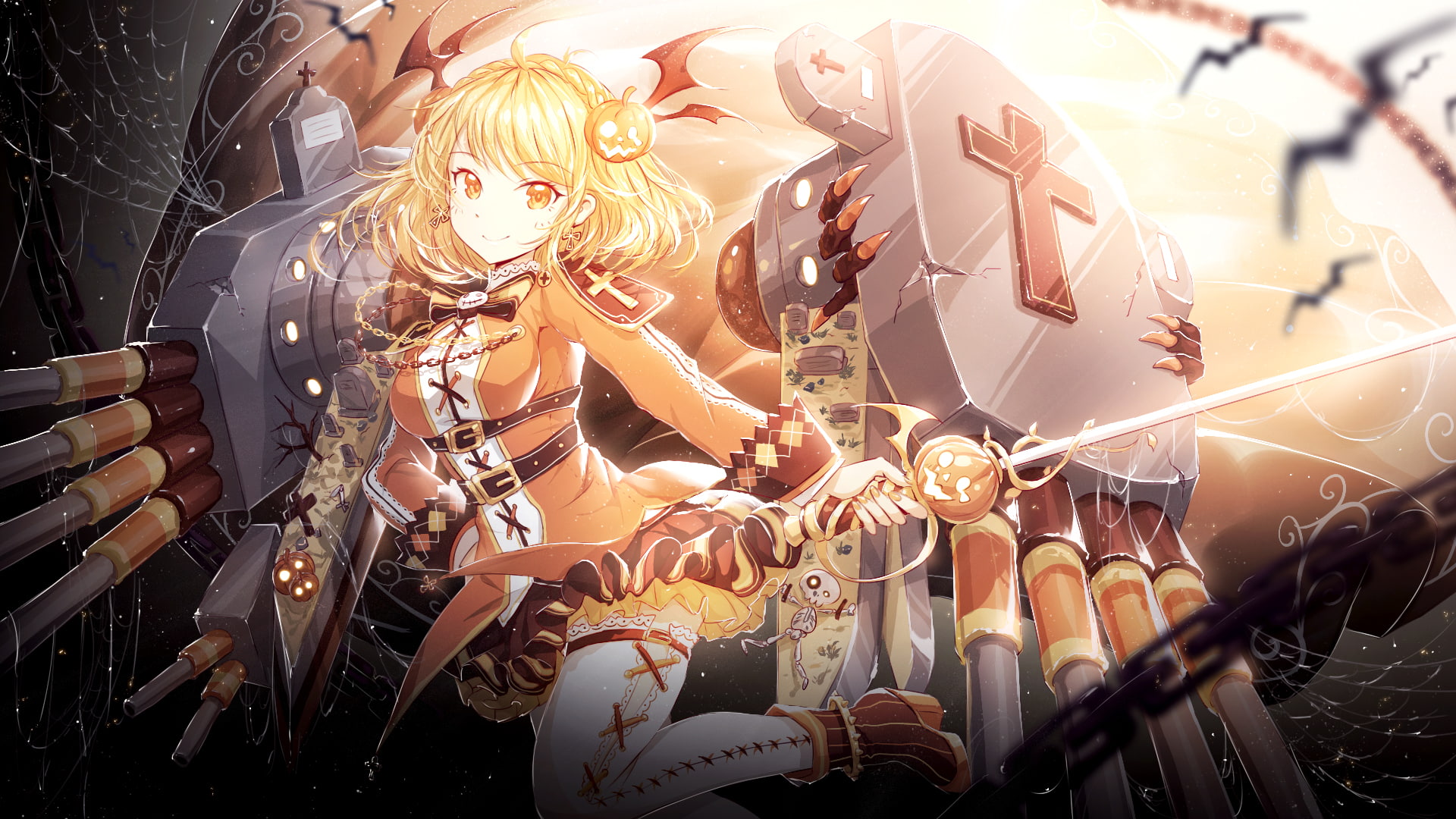 anthropomorphism, 253028, eyes, konachan, pumpkin, short, orange, thighhighs, dress, tagme, halloween, blonde, azur, boots, hair, sword, com, 1080P, weapon, HD Wallpaper