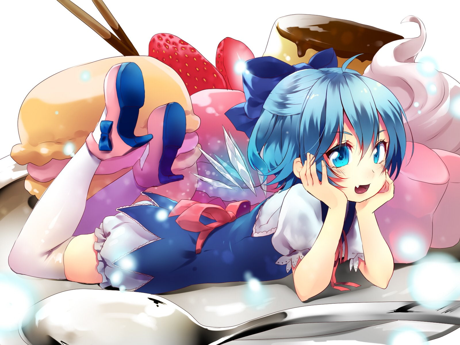 fruit, fang, hair, cirno, thighhighs, hijiri ssh, short, strawberry, blue, 720P, touhou, food, bow, eyes, wings, cake, HD Wallpaper