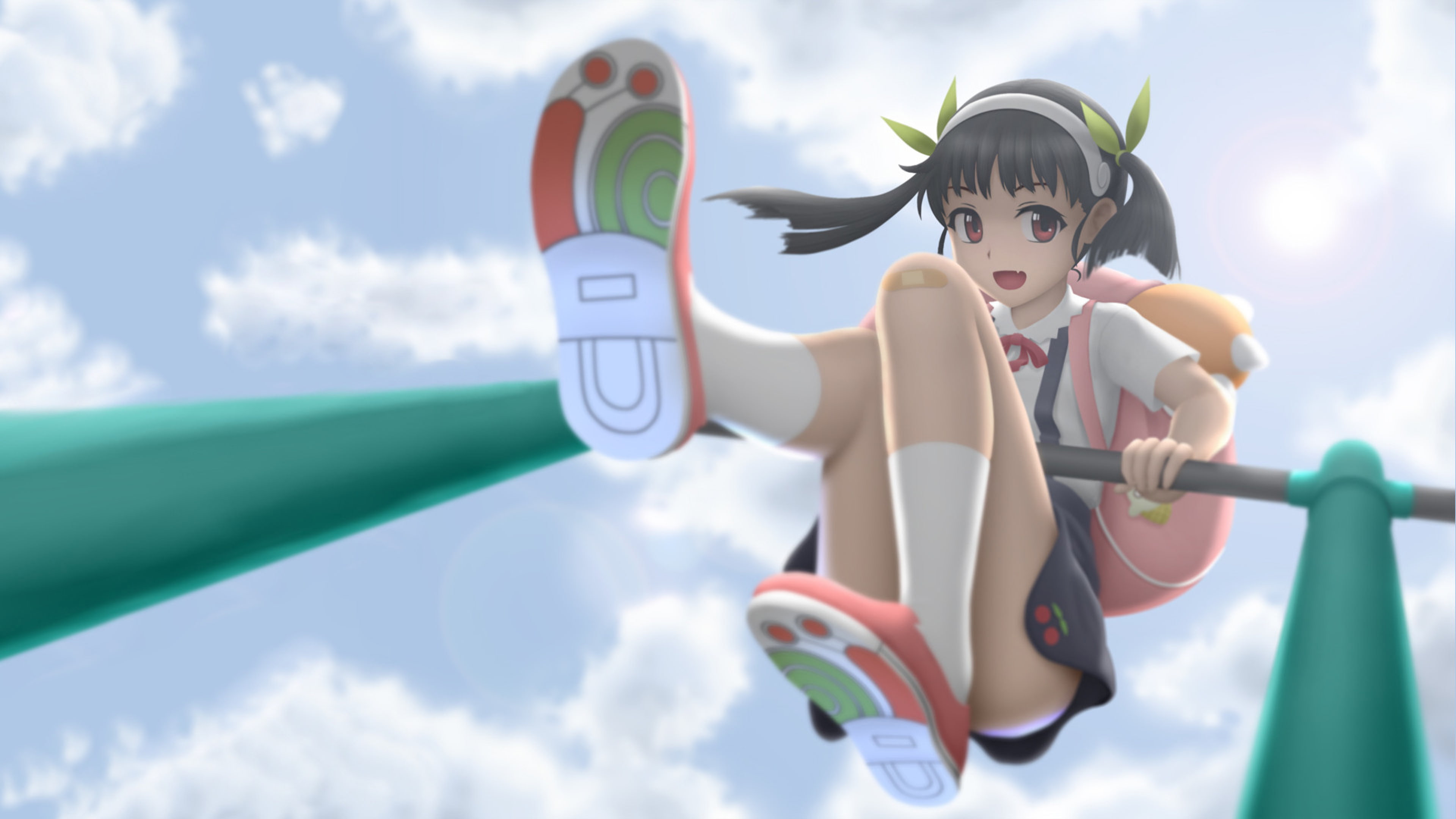 real people, outdoors, holding, childhood, cloud - sky, 4K, twintails, innocence, one person, nature, playing, low angle view, toy, Hachikuji Mayoi, focus on foreground, HD Wallpaper