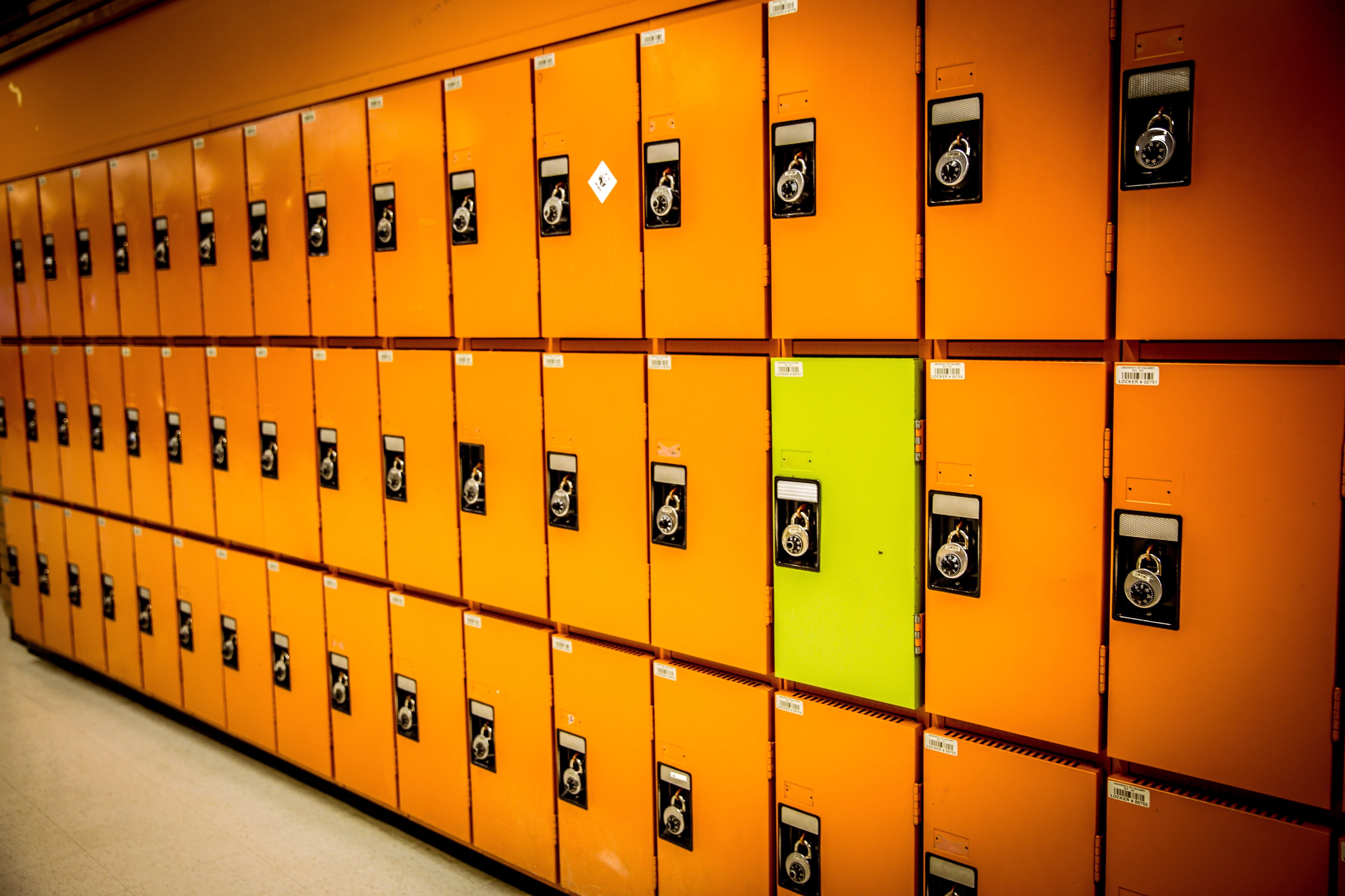 number, odd, different, alone, safety, orange color, no people, education, repetition, steel, lock, gray, lockers, 5K, distinctive, row, side by side, HD Wallpaper