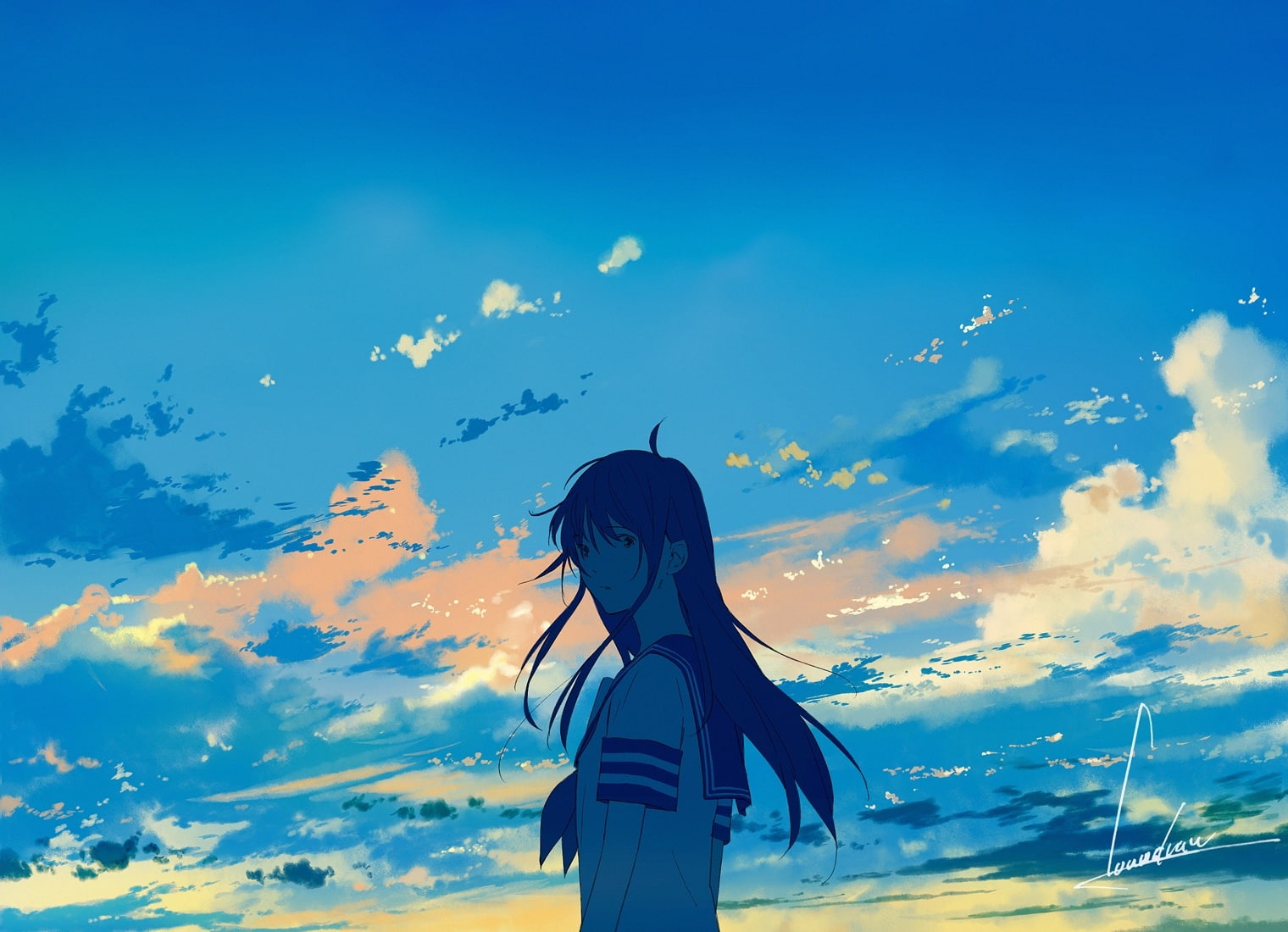 signed, long, seifuku, blue, loundraw, 720P, sky, 246894, konachan, clouds, com, original, hair, HD Wallpaper