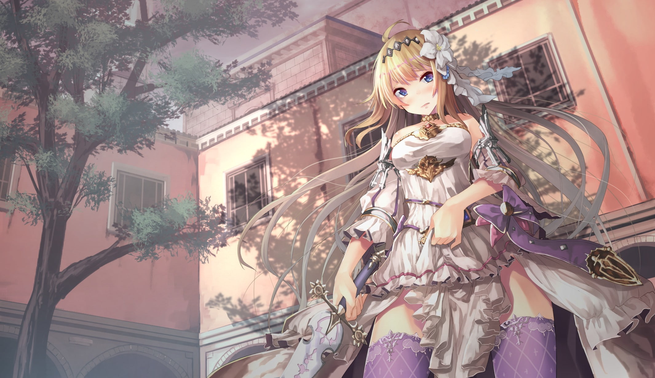 anime girls, Granblue Fantasy, blue eyes, sword, anime, dress, long hair, 1080P, blonde, bow, thigh-highs, weapon, HD Wallpaper