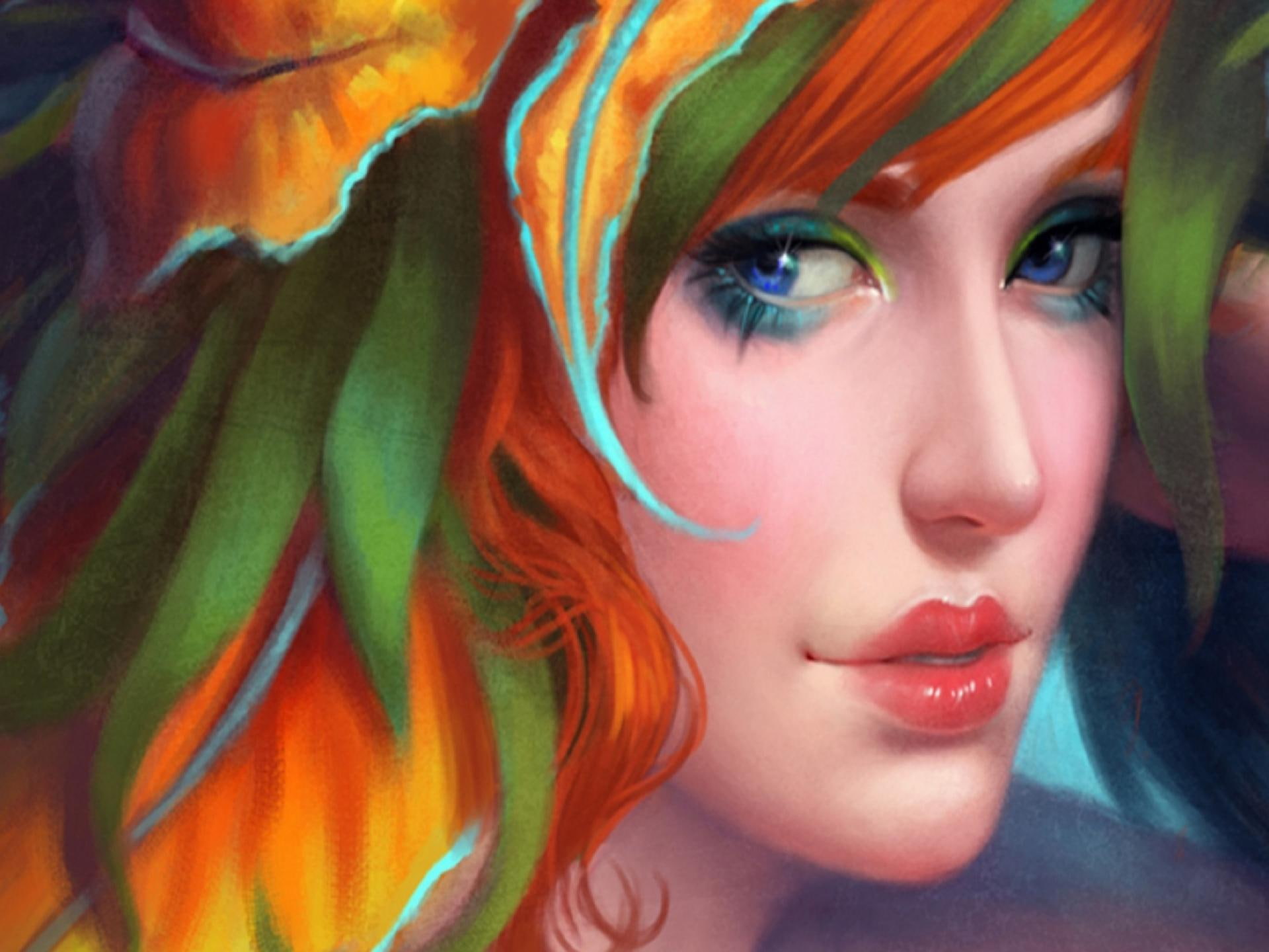 splendor, hair, woman, colorful, r, 1080P, girls, orange, s, lovely, beautiful, e, bright, women, covered, o, n, p, leaves, painting, d, lashes, l, bright, HD Wallpaper