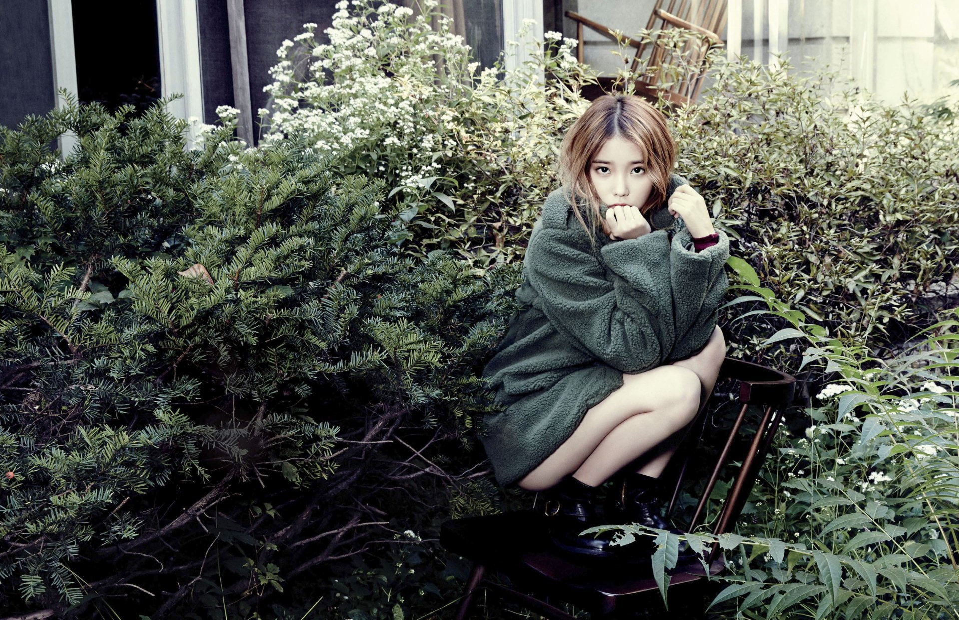 looking at camera, outdoors, green color, women, teenager, beautiful woman, IU, casual clothing, lifestyles, young women, growth, plant, sitting, one person, HD Wallpaper