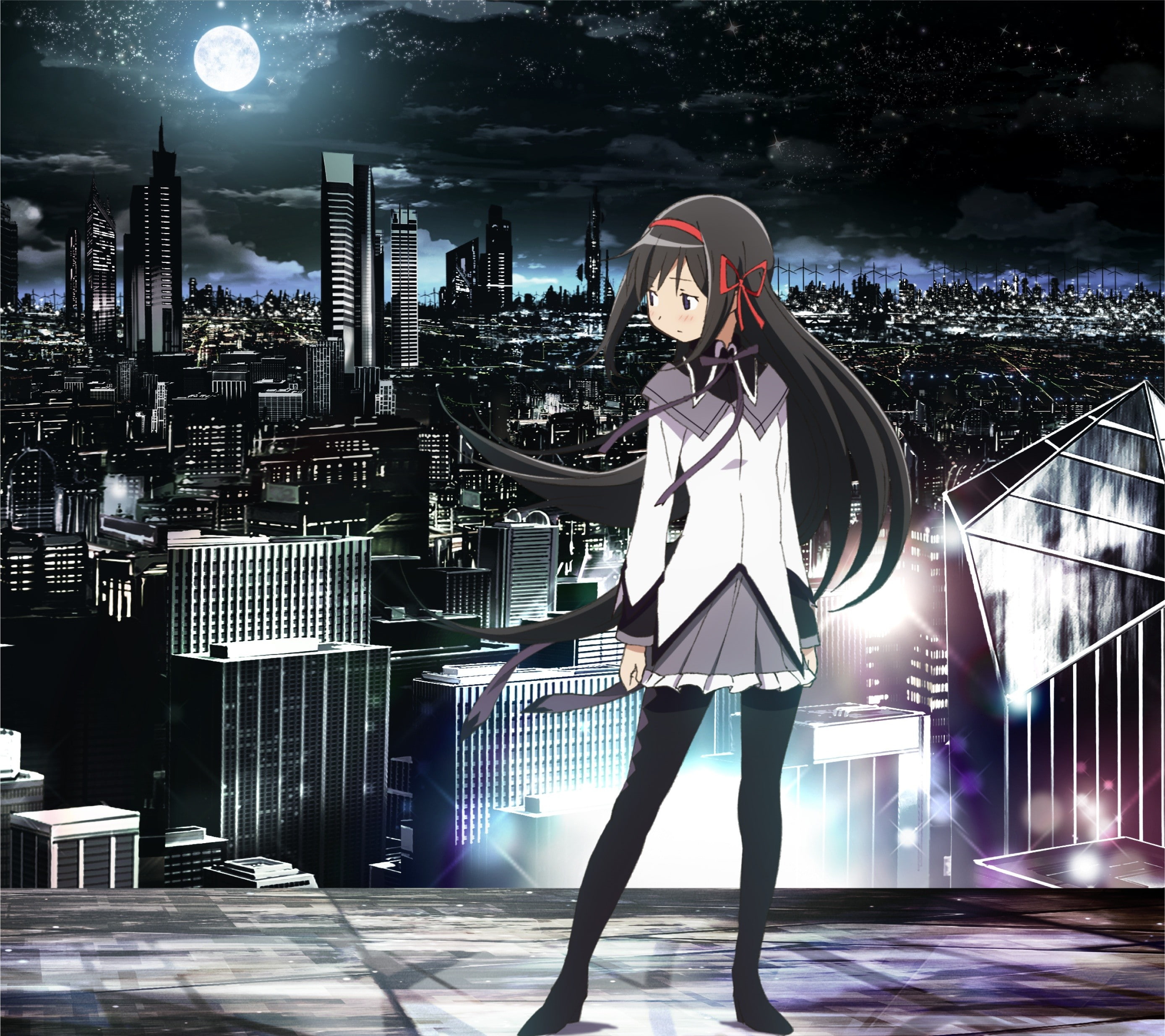 architecture, nature, Mahou Shoujo Madoka Magica, one person, full length, young women, women, young adult, sky, standing, cityscape, night, building, beautiful woman, HD Wallpaper