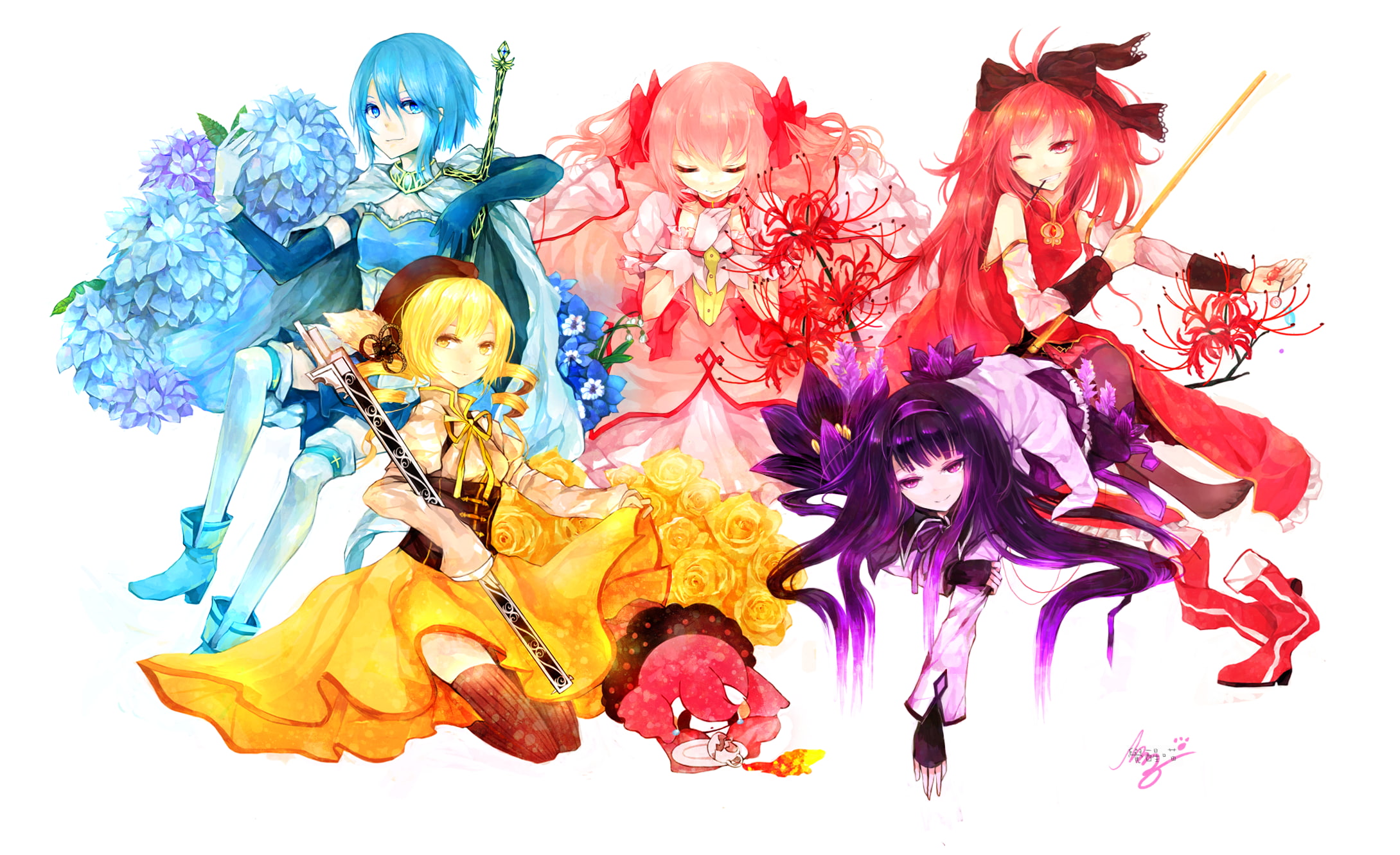 creativity, multi colored, paint, cut out, choice, variation, anime, indoors, pattern, anime girls, clothing, Kaname Madoka, beauty, 1080P, Akemi Homura, HD Wallpaper