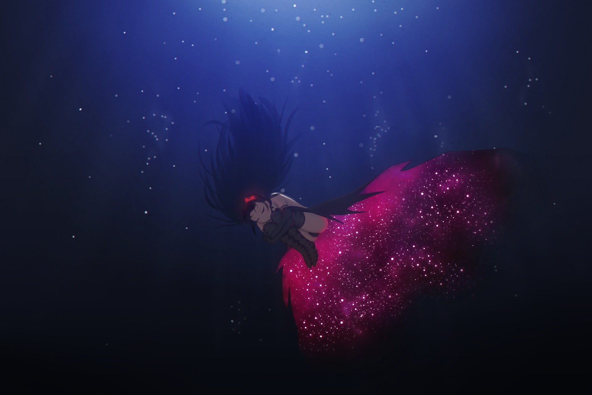 young adult, motion, water, exploration, undersea, Mahou Shoujo Madoka Magica, sea, thigh-highs, red, black background, anime girls, swimming, leisure activity, HD Wallpaper