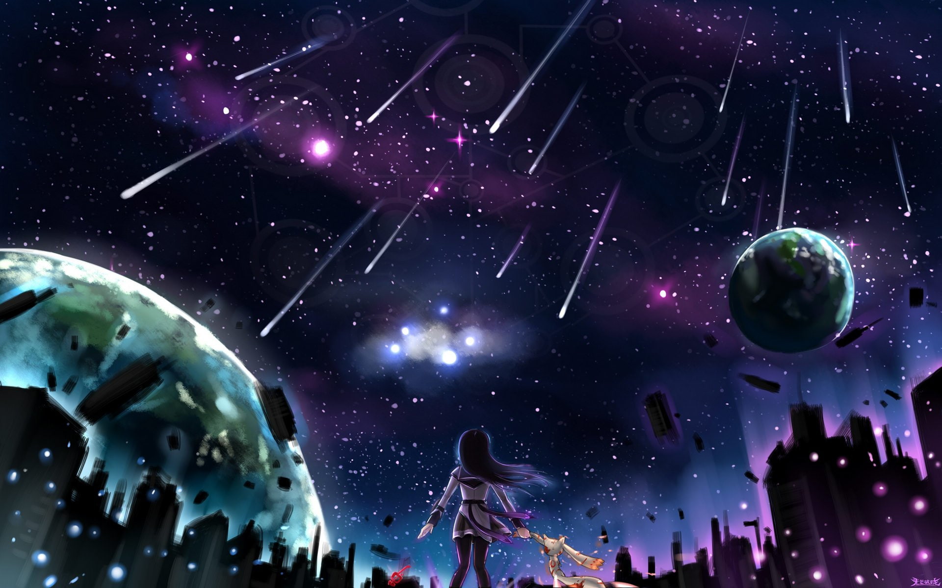 Puella Magi Madoka Magica, 1080P, Anime, Homura Akemi, Kyubey (Puella Magi Madoka Magica), Night, HD Wallpaper