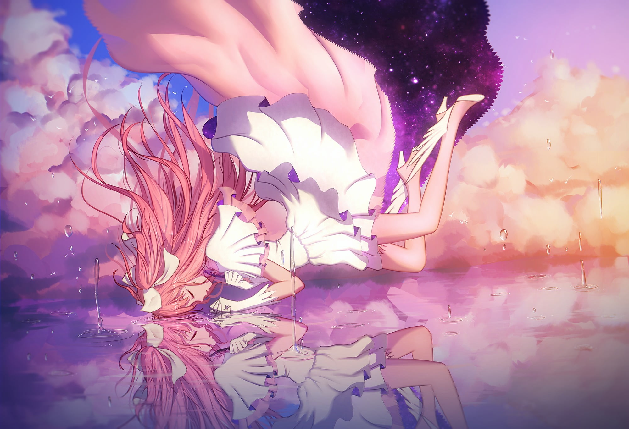 anime, adult, holding, Kaname Madoka, long hair, young adult, pink hair, pink, character, human body part, beauty in nature, purple, dress, human hand, HD Wallpaper