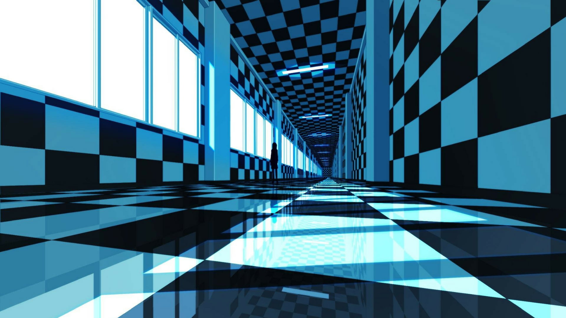 Black Rock Shooter (series), office building exterior, office, day, blue, geometric shape, clear sky, architecture, sunlight, nature, directly below, anime, HD Wallpaper