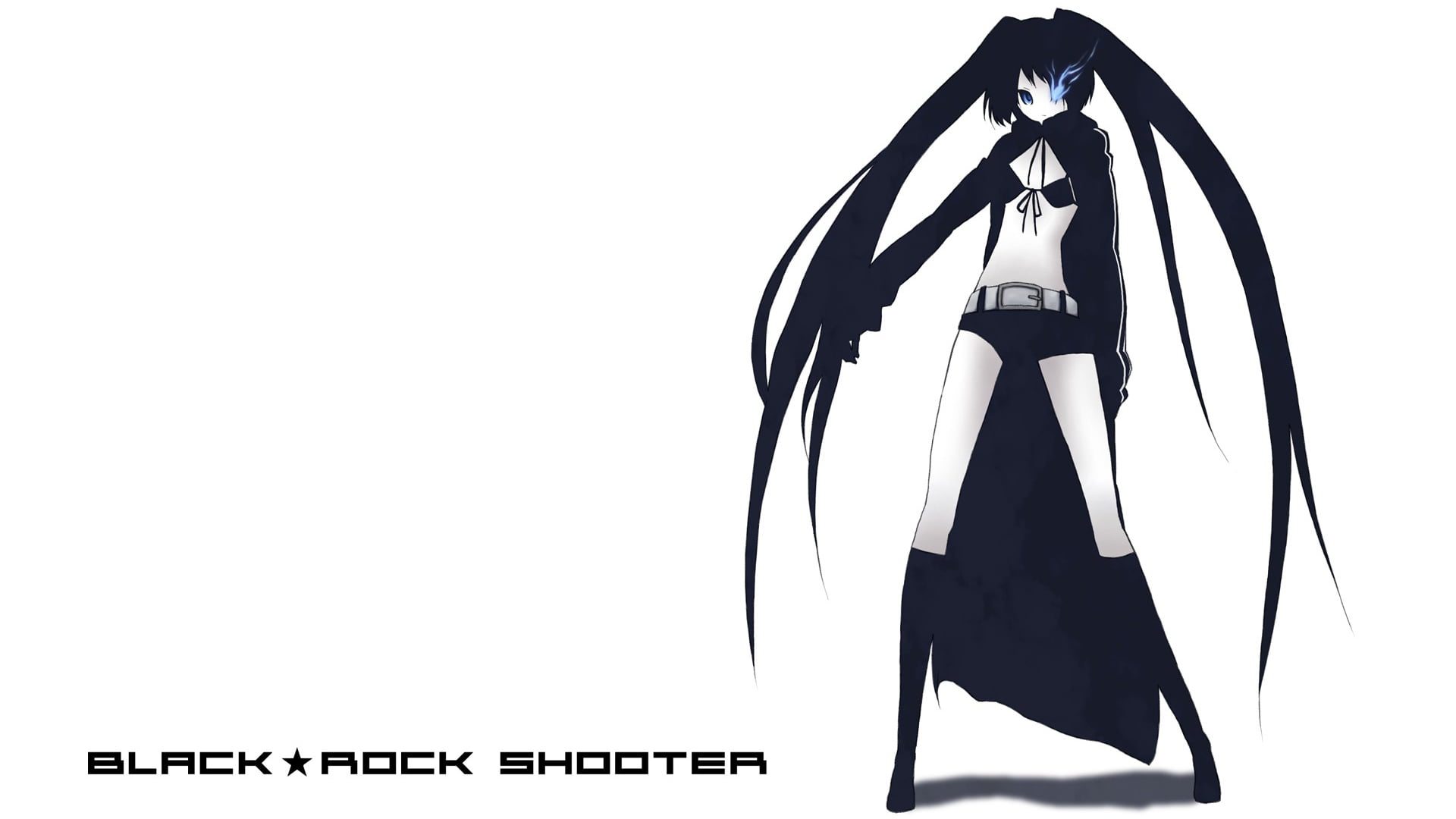 coats, blue eyes, simple background, bikini top, Black Rock Shooter (series), shorts, twintails, Black Rock Shooter, anime girls, glowing eyes, black hair, HD Wallpaper