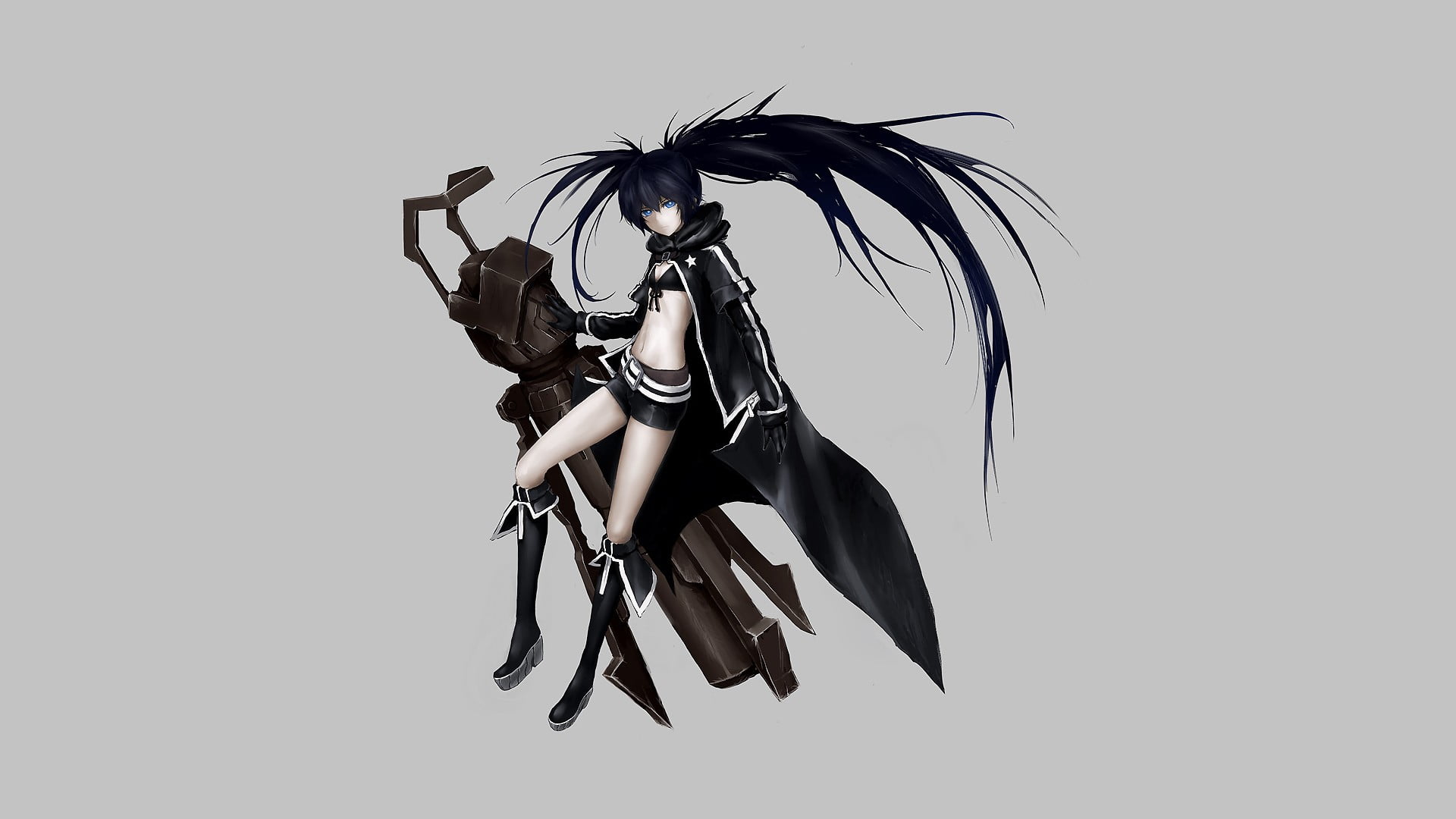 gloves, navels, shorts, blue eyes, Black Rock Shooter, bikini top, hoods, gun, cleavage, black hair, long hair, simple background, twintails, anime girls, HD Wallpaper