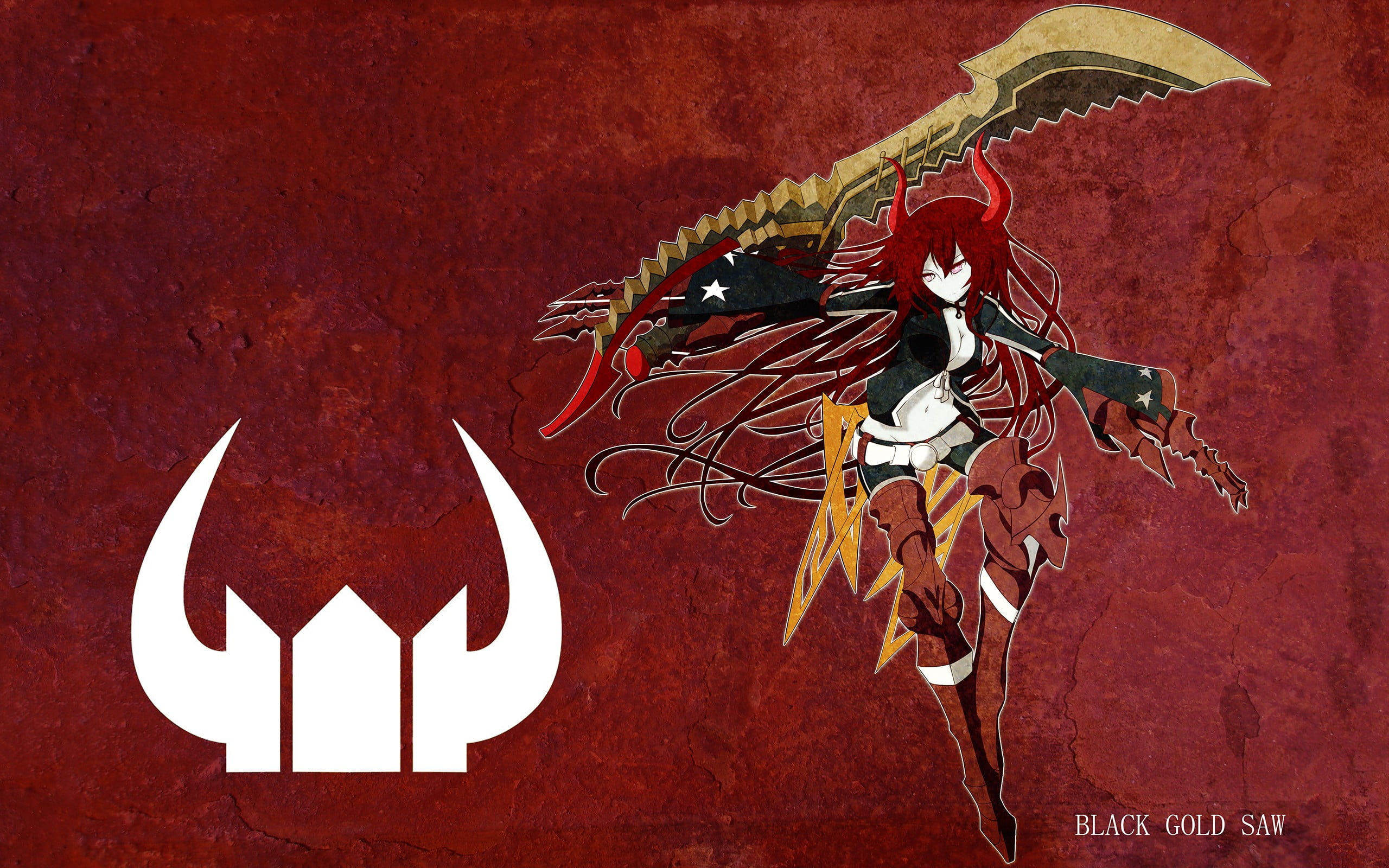 boots, red eyes, weapon, cleavage, 2K, Black Rock Shooter (series), navels, shorts, Black Gold Saw, belt, sword, anime girls, redhead, armor, long hair, HD Wallpaper