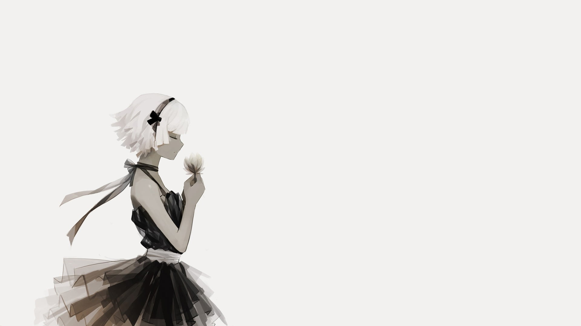 closed eyes, flowers, 1080P, anime girls, Strength (Black Rock Shooter), simple background, white hair, dress, short hair, anime, Black Rock Shooter (series, HD Wallpaper