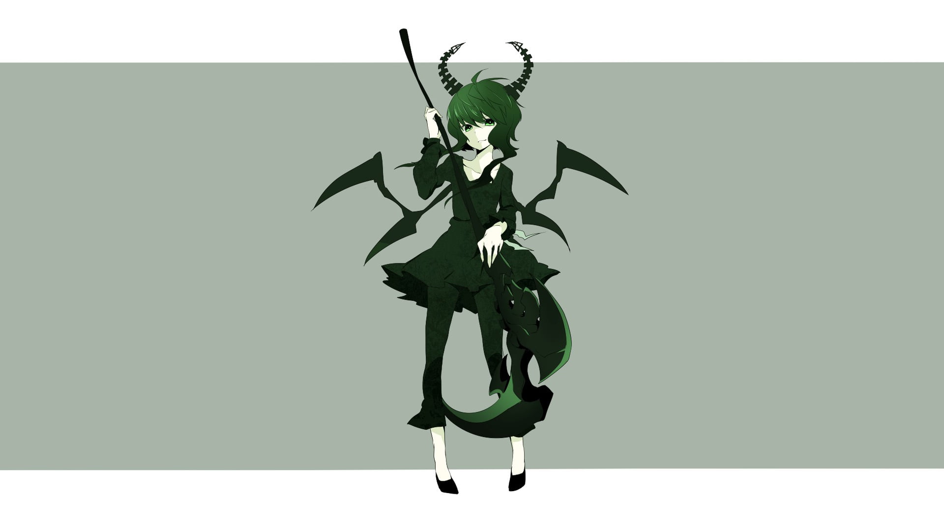 1080P, wings, anime, Dead Master, anime girls, green eyes, weapon, dress, scythe, pants, horns, long hair, Black Rock Shooter (series), green hair, simple, HD Wallpaper