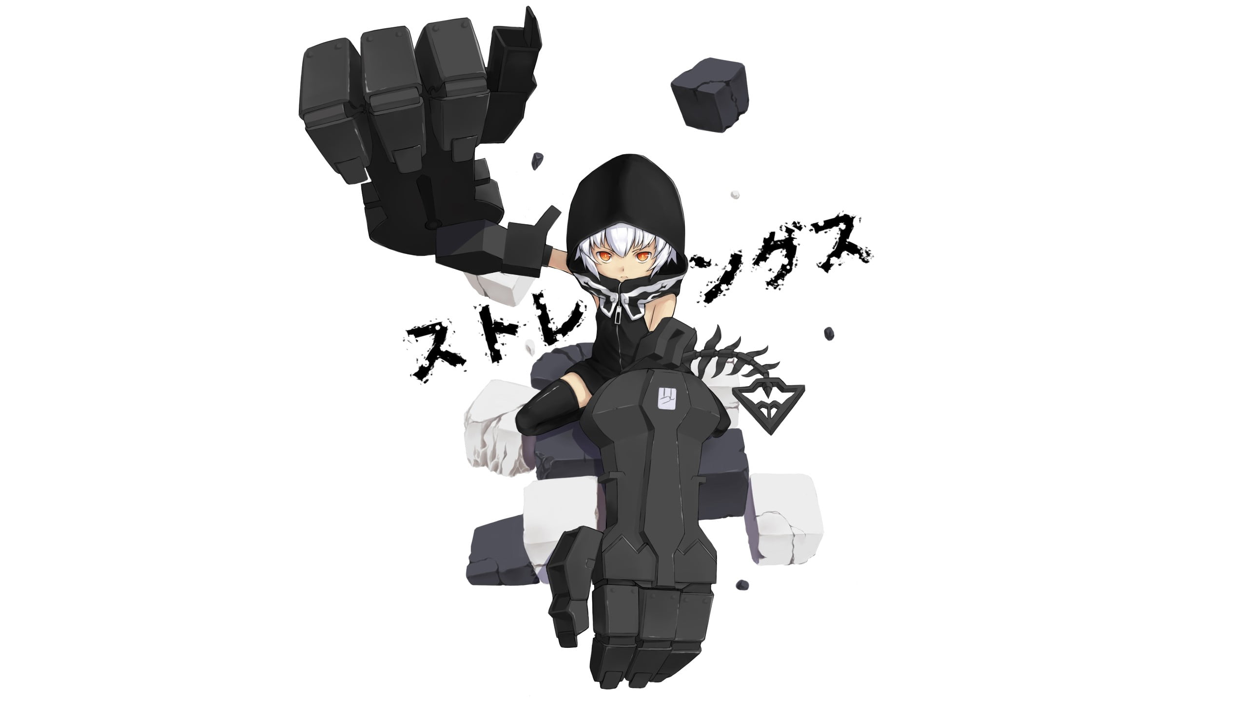 2K, orange eyes, anime girls, anime, thigh-highs, hoods, simple background, Black Rock Shooter (series), Strength (Black Rock Shooter), short hair, white, HD Wallpaper