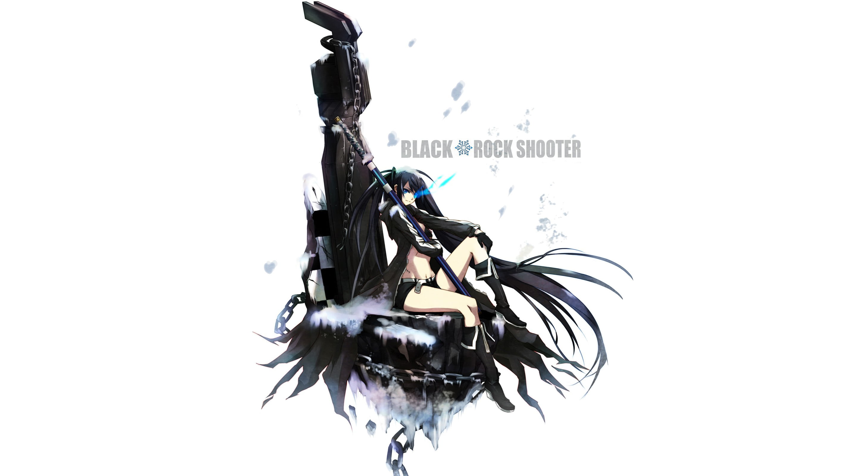 sword, 2K, coats, Black Rock Shooter, weapon, chains, glowing eyes, black hair, gun, shorts, anime, anime girls, long hair, bikini top, Black Rock Shooter (series), HD Wallpaper