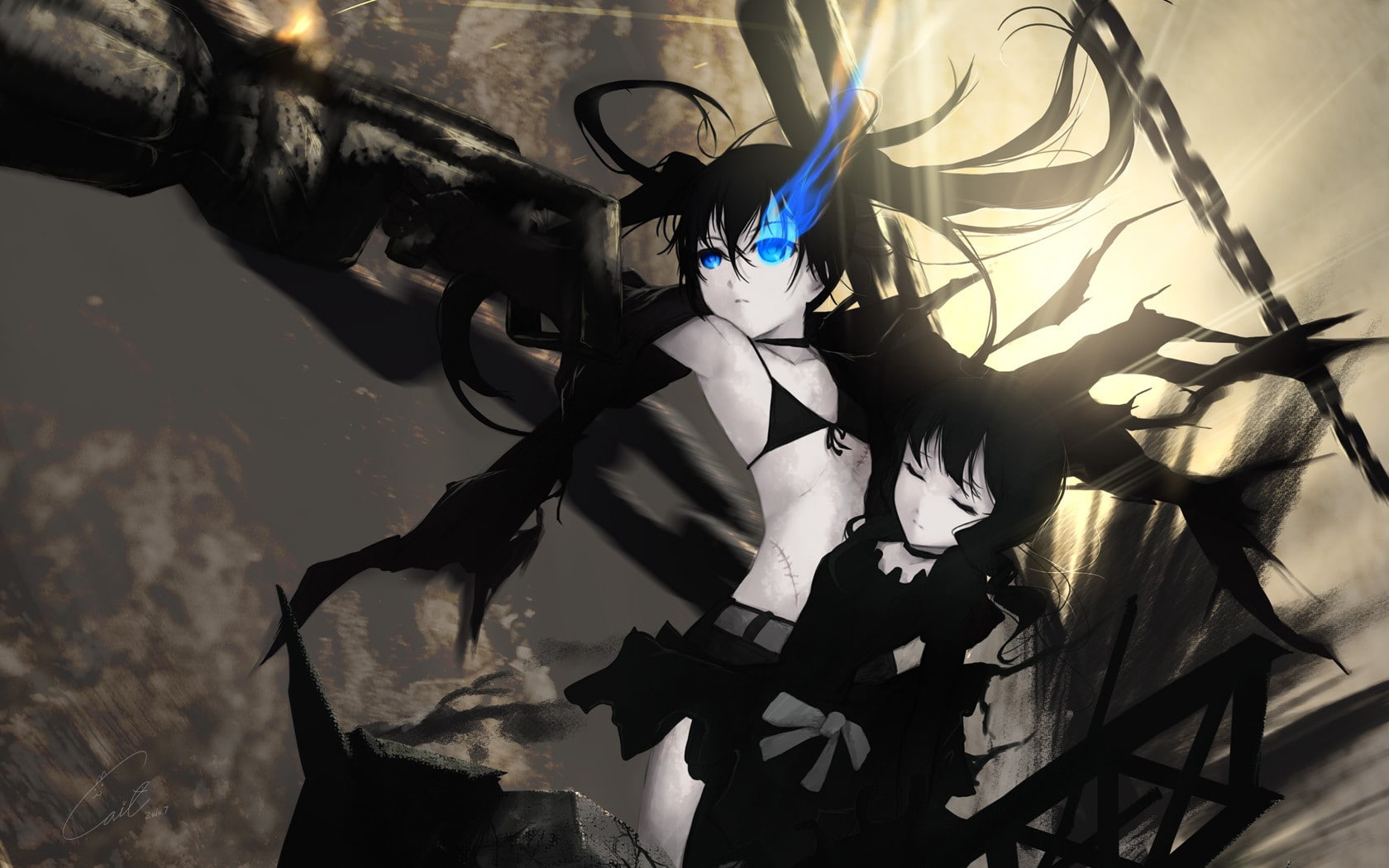 one person, anime girls, 720P, fashion, wall - building feature, Dead Master, indoors, black color, high angle view, Strength (Black Rock Shooter), lifestyles, HD Wallpaper