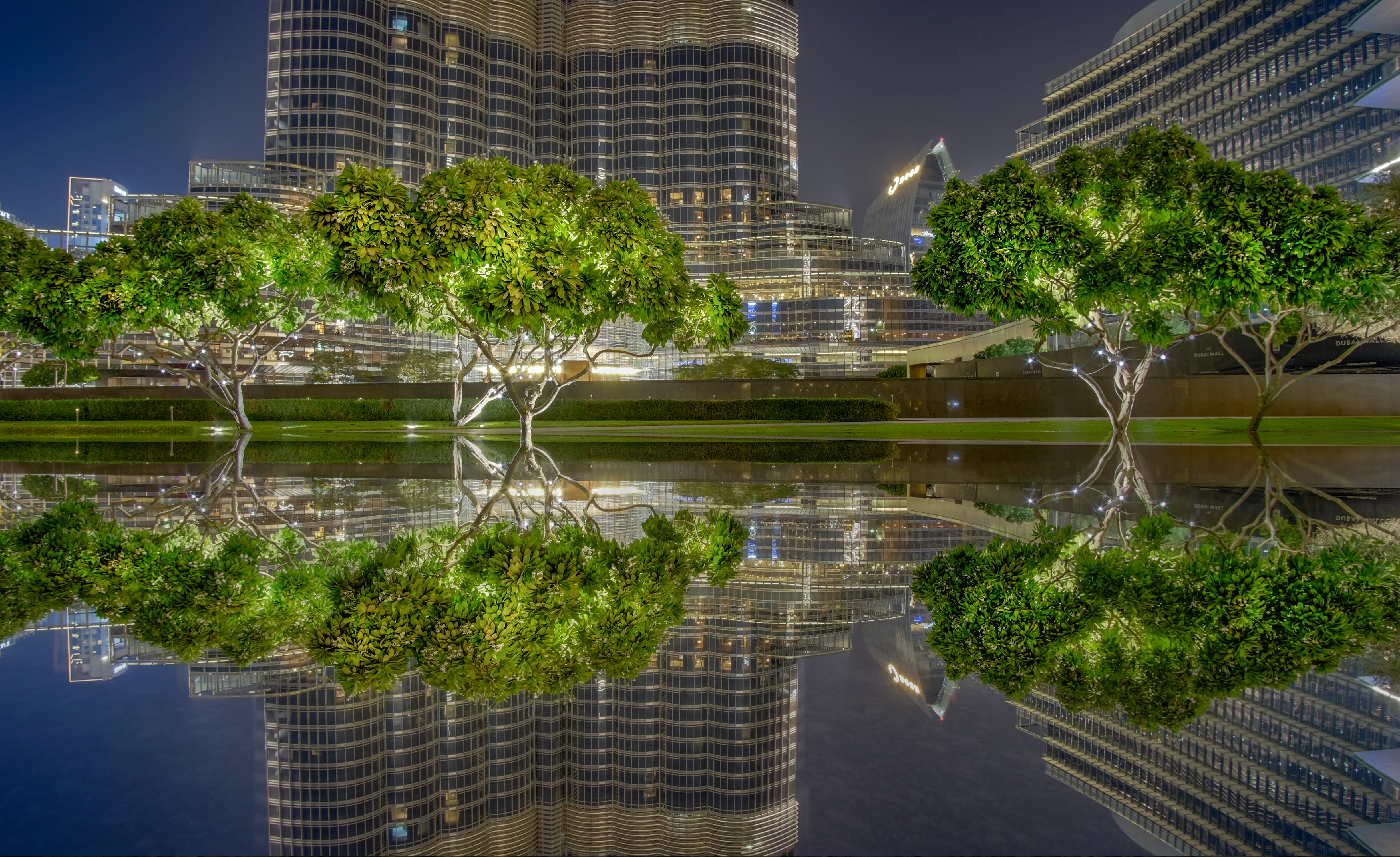 modern, nighttime, urban, outdoors, pond, dubai, trees, financial district, town, waterfront, growth, city, flora, building exterior, sky, plant, bush, HD Wallpaper