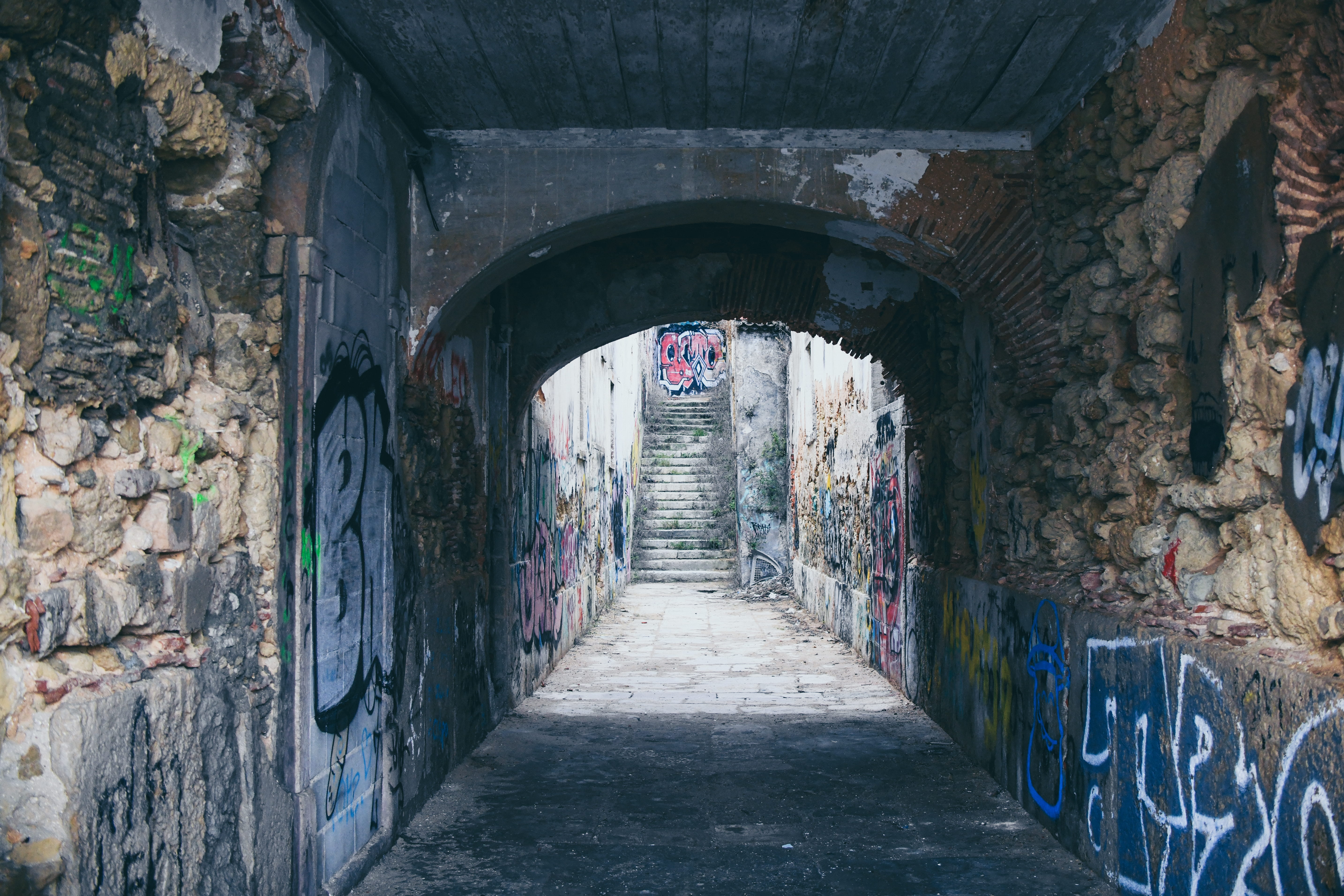 wall, incidental people, arch bridge, light at the end of the tunnel, direction, painting, 5K, art, building, crypt, daytime, walkway, the way forward, HD Wallpaper
