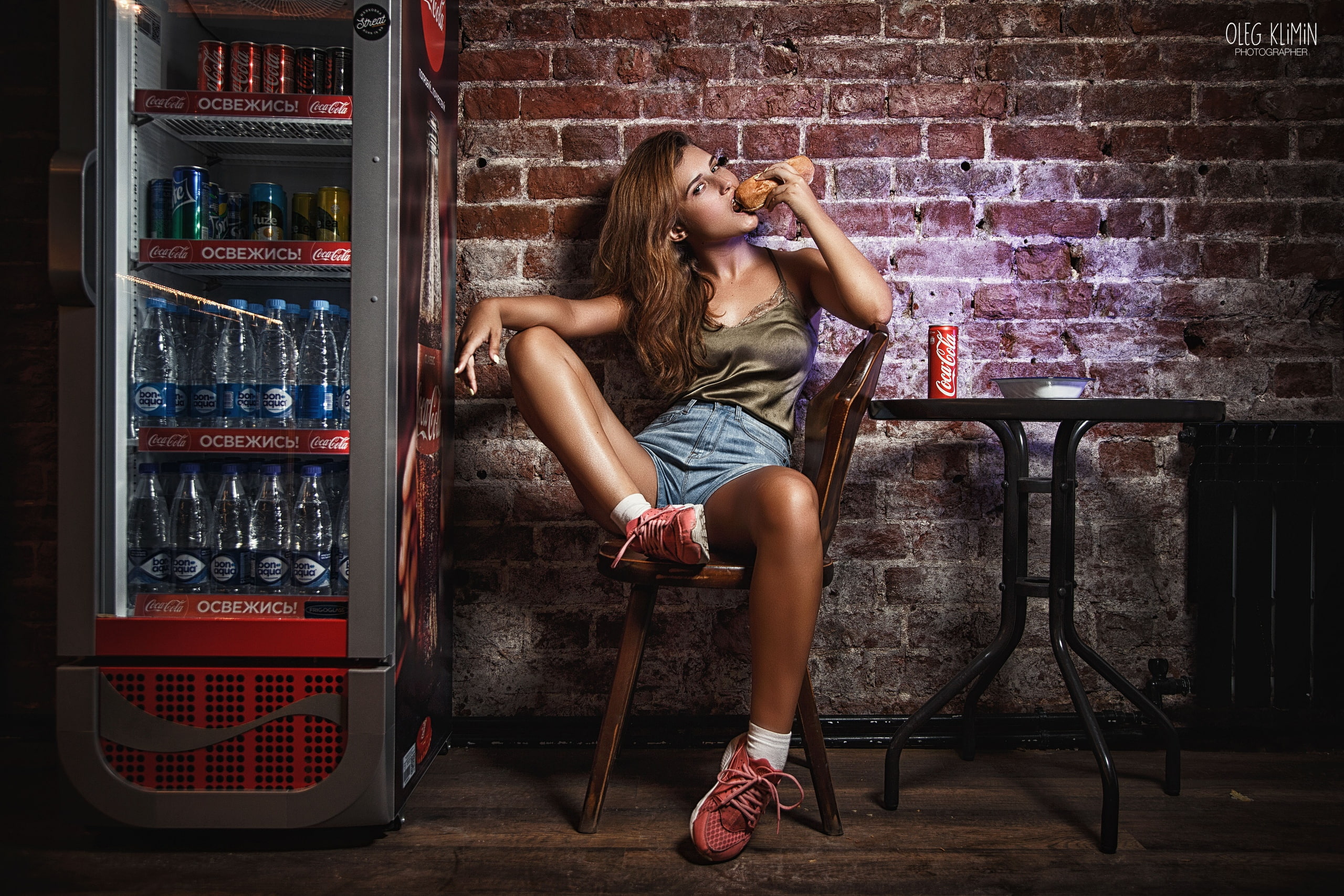 2K, legs, Coca-Cola, chair, food, Oleg Klimin, women, HD Wallpaper