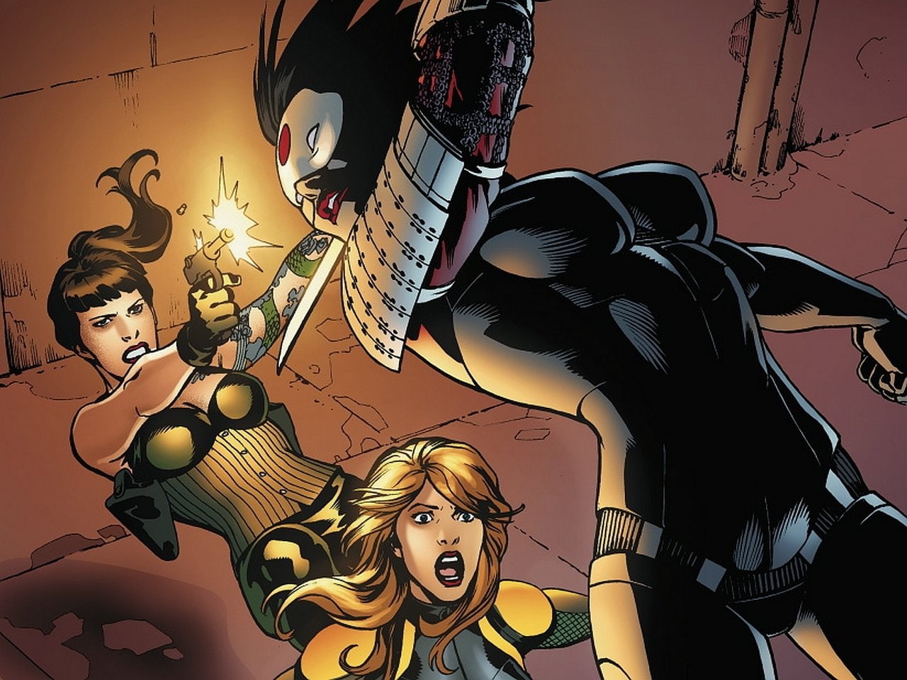 Birds Of Prey, Gun, Brown Hair, Pistol, Katana (DC Comics), 720P, DC Comics, Weapon, Sword, Starling (DC Comics), Tattoo, Blonde, Katana, Black Canary, HD Wallpaper