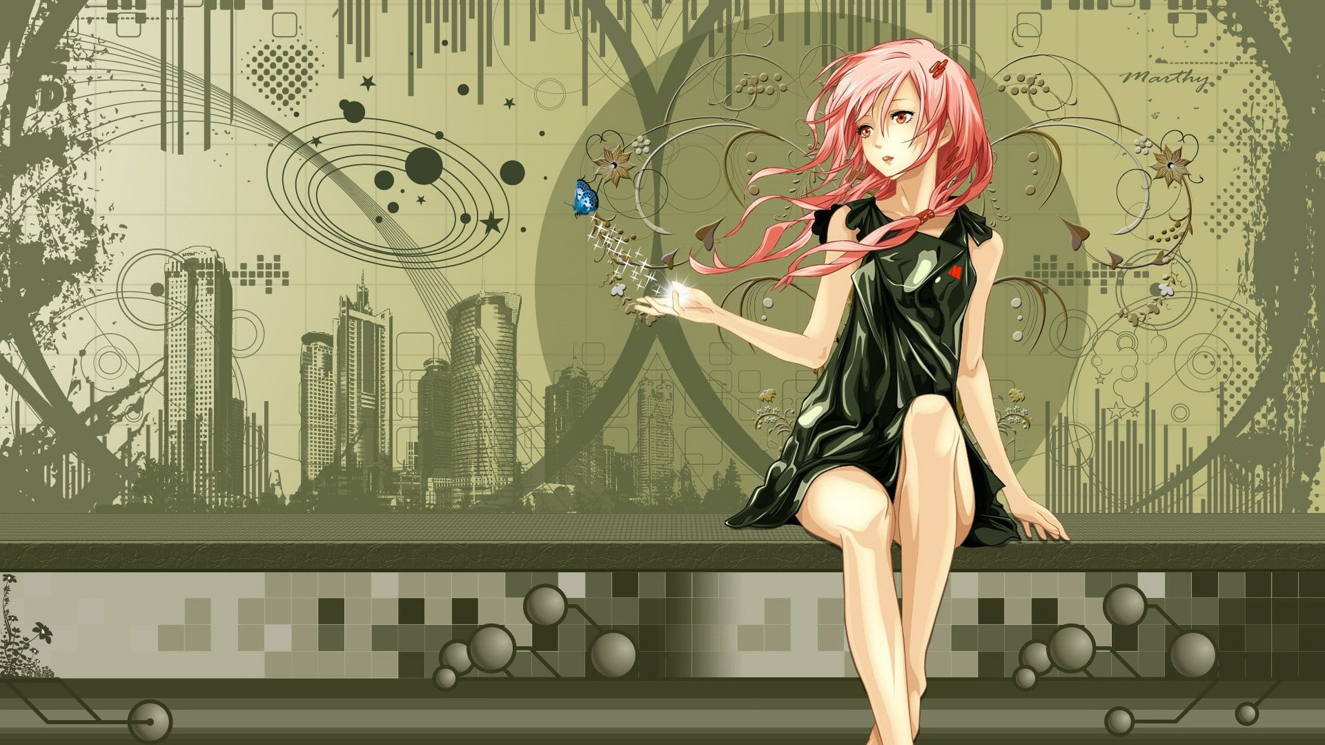 legs, collar, redjuice, open, red, mouth, butterflies, crown, inori, long, flowers, sitting, black, dress, anime, buildings, bone, bare, eyes, hair, 1080P, HD Wallpaper