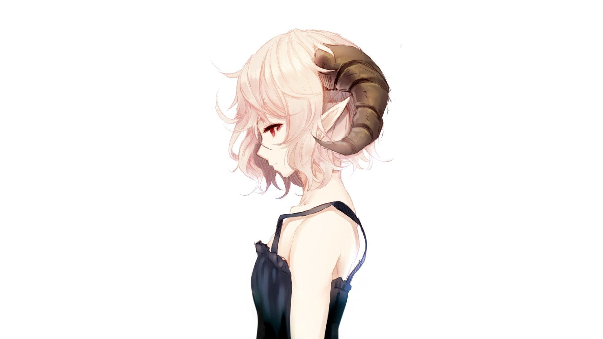 bare, original, horns, simple, monster, hair, pink, white, background, paseri, characters, anime, shading, profile, pointy, girls, bangs, short, black, HD Wallpaper