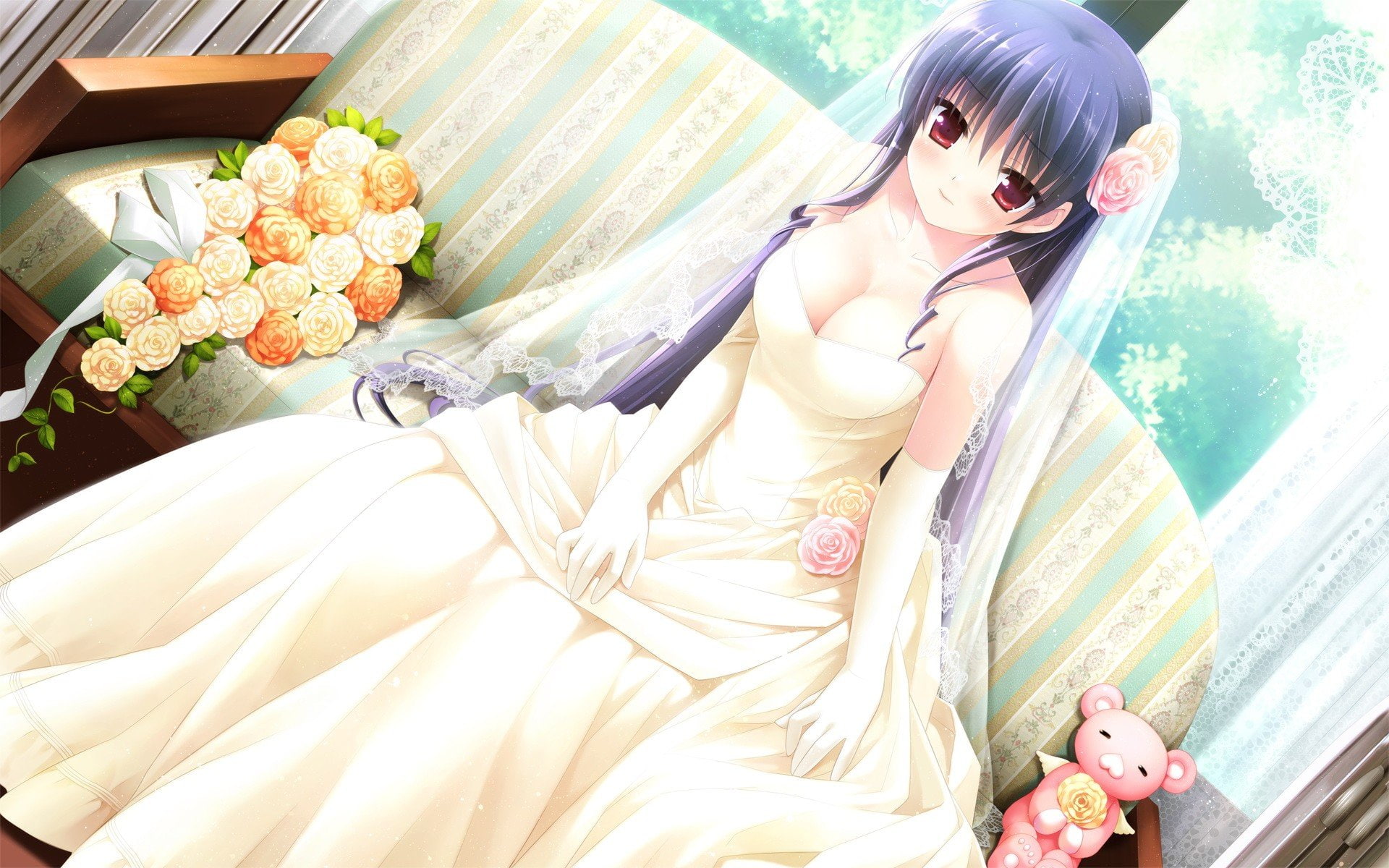 ame, anime, animals, shoulders, bare, dress, sitting, brides, flowers, kanekiyo, novels, hair, games, couch, long, ribbons, 1080P, stuffed, rikako, natsu, HD Wallpaper