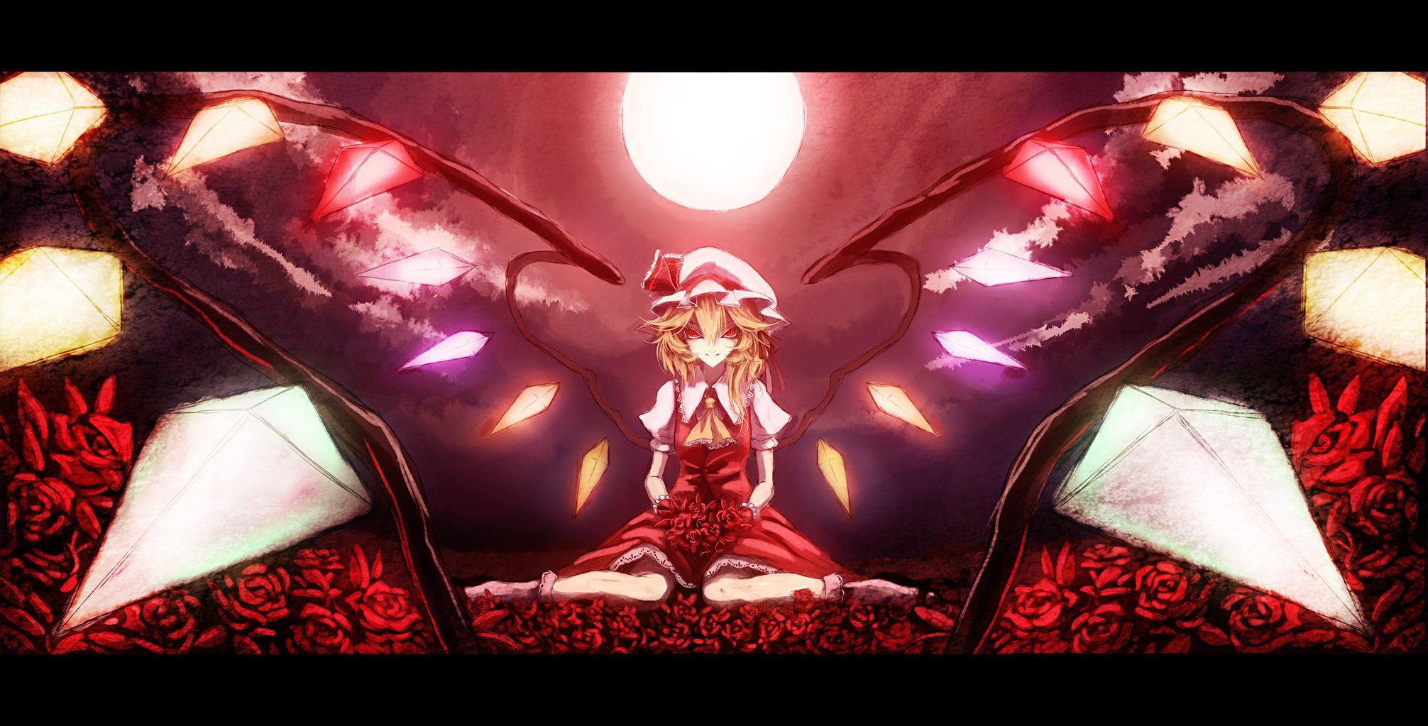 outdoors, bangs, flowers, ribbons, illustrat, hair, vampires, flandre, ornaments, glowing, skies, touhou, clouds, dress, full, anime, 1080P, soft, girls, HD Wallpaper