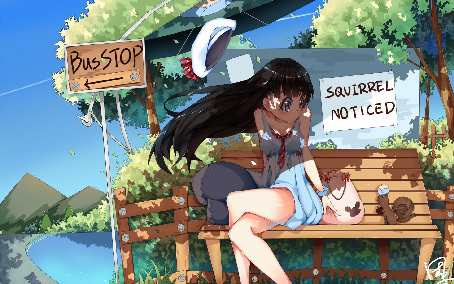 real people, information, white, sign, sky, outdoors, information sign, s, text, western script, anime girls, squirrel, bench, non-western script, 1080P, HD Wallpaper