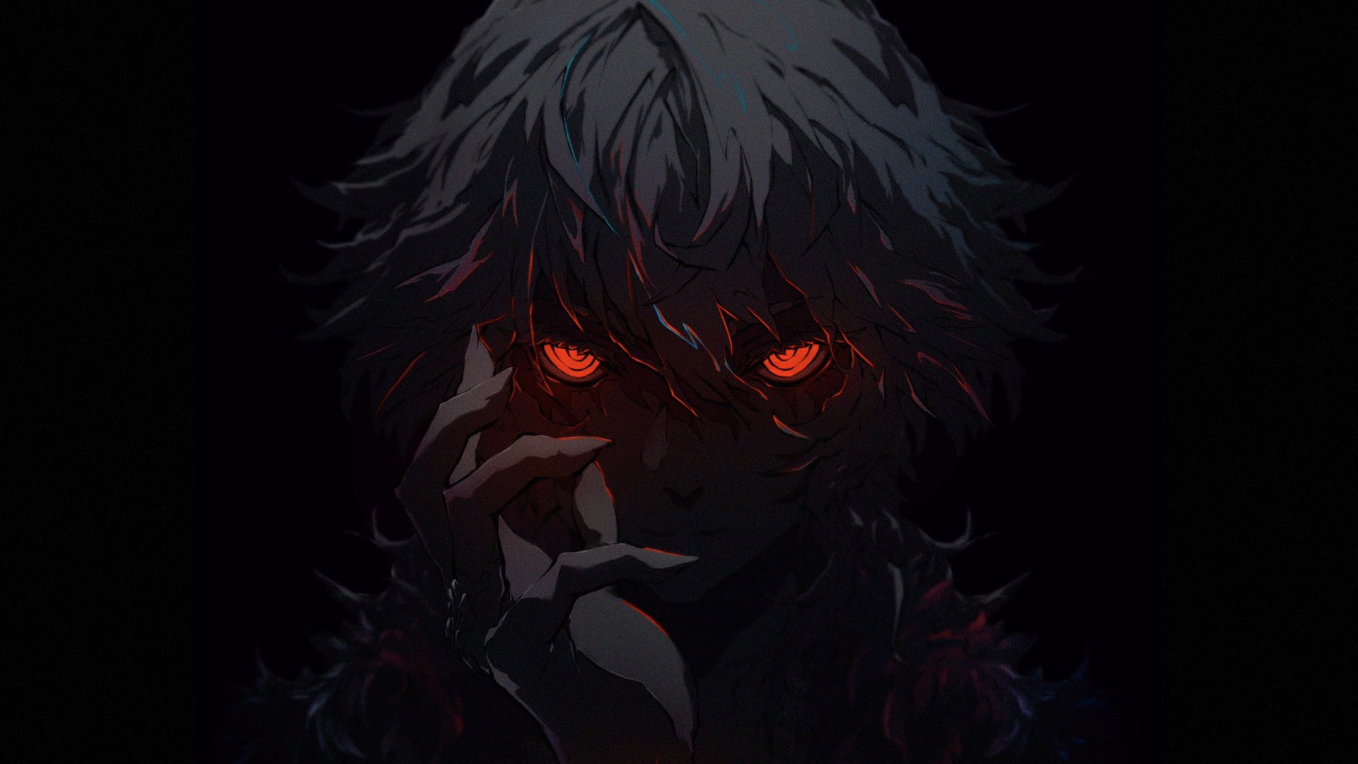 gray hair, long nails, 1080P, short hair, anime girls, anime, dark background, red eyes, HD Wallpaper
