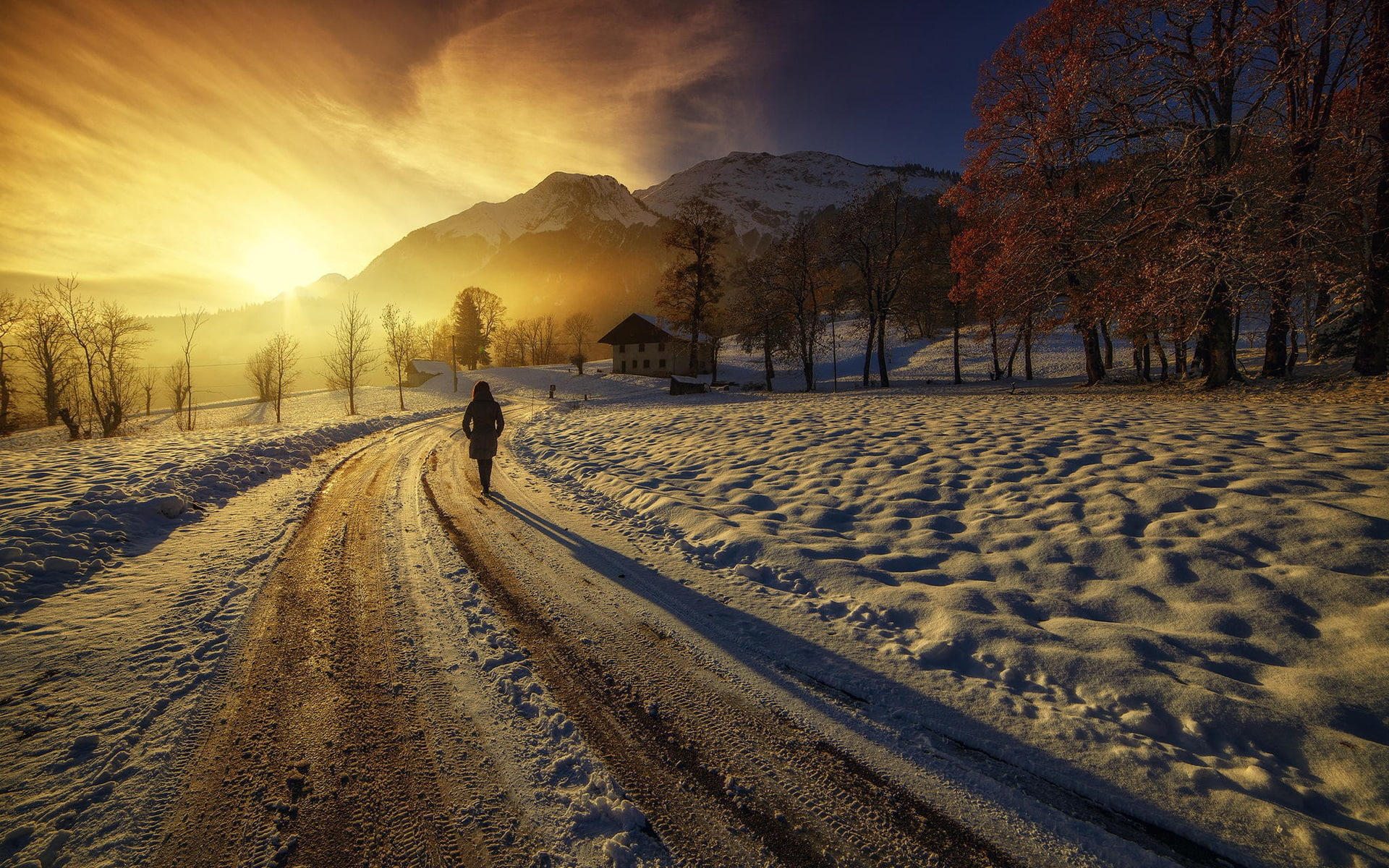 Thick, Girl, Sunrise, Road, Houses, 1080P, Winter, Mountains, Snow, HD Wallpaper