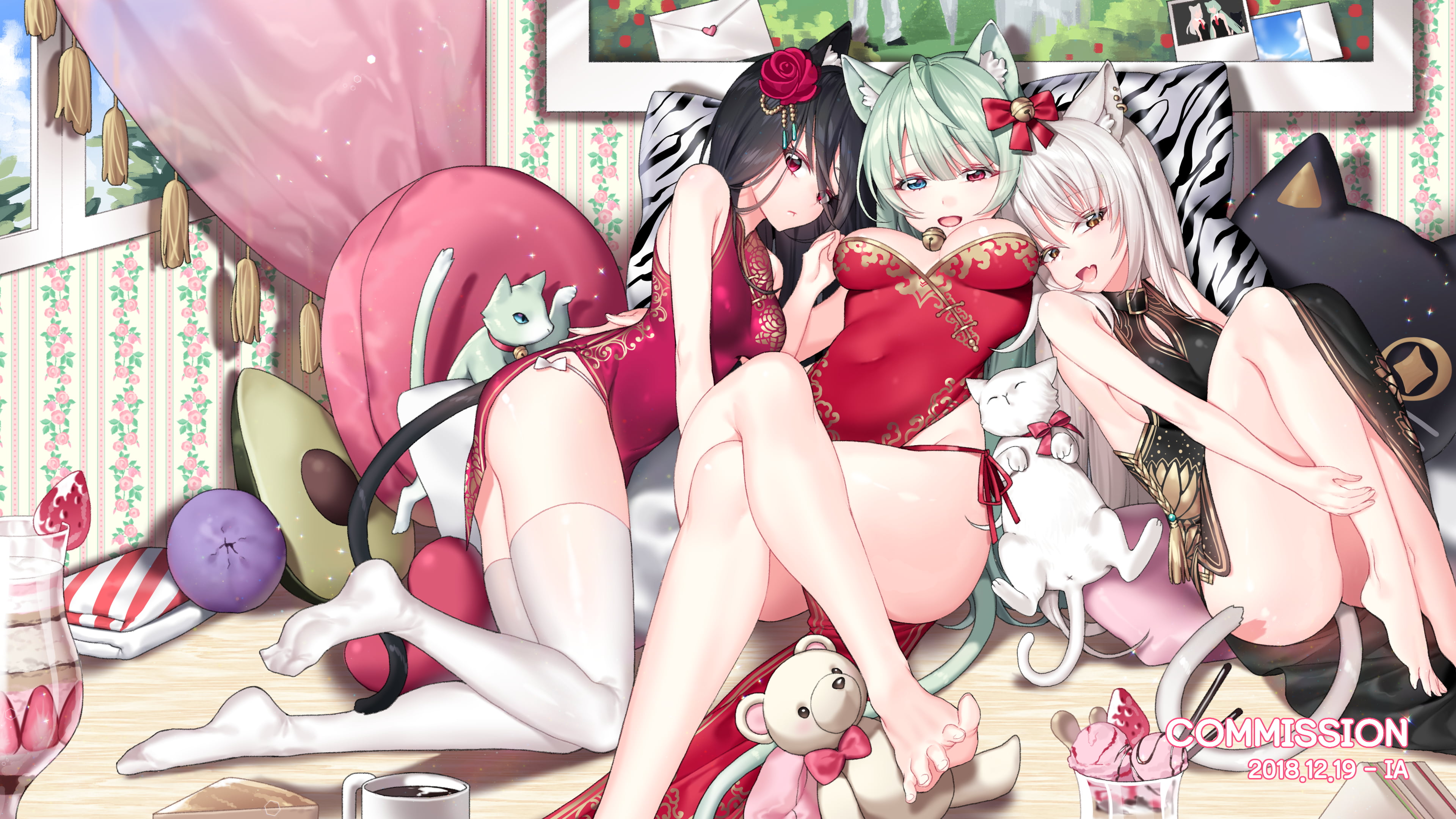 thick thigh, lying down, animal ears, in bed, thigh-highs, Chinese dress, cleavage, cat girl, 4K, HD Wallpaper