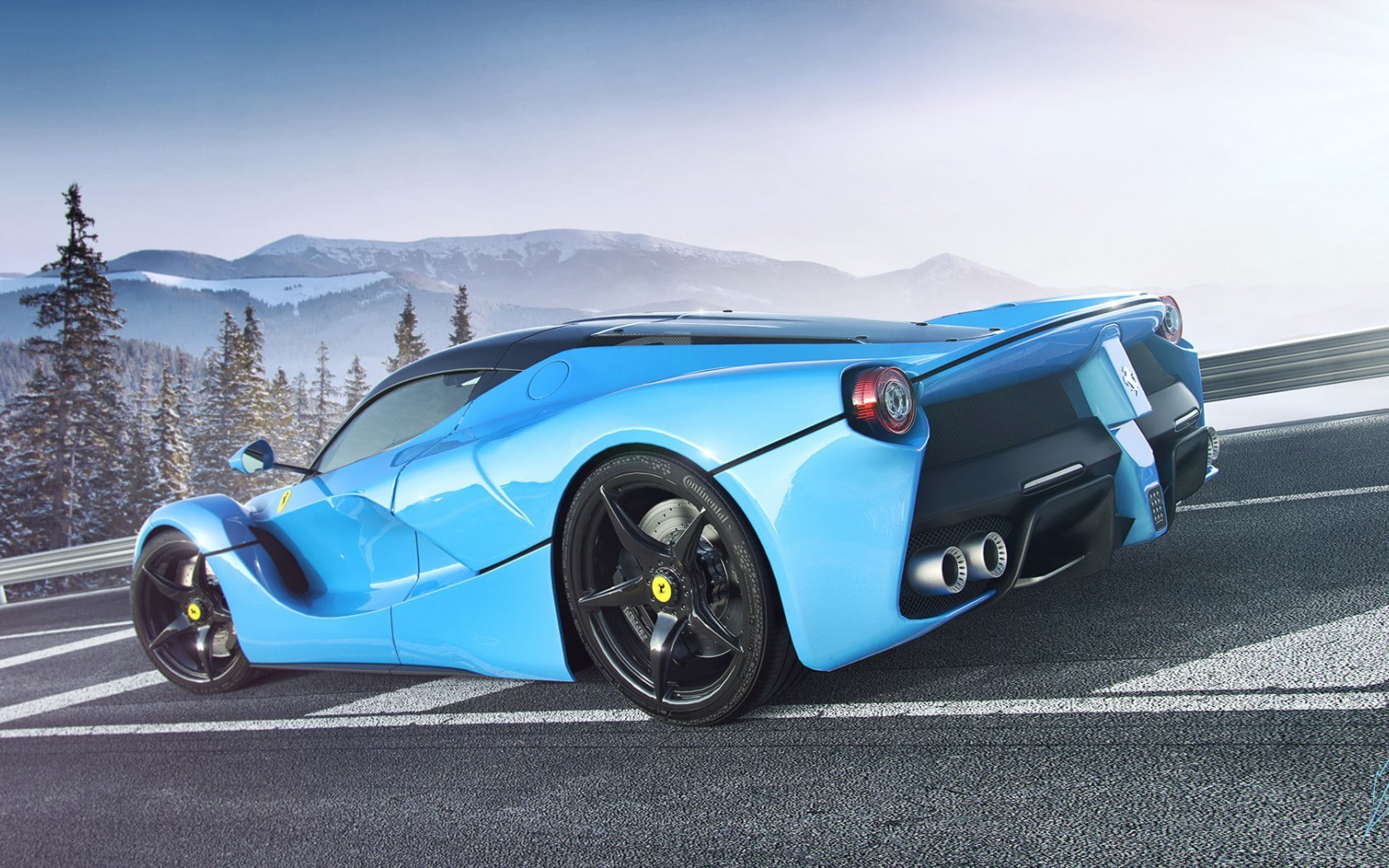 no people, land vehicle, day, sky, transportation, mode of transportation, road trip, mountain, sports car, retro styled, blue, Ferrari LaFerrari, 720P, HD Wallpaper