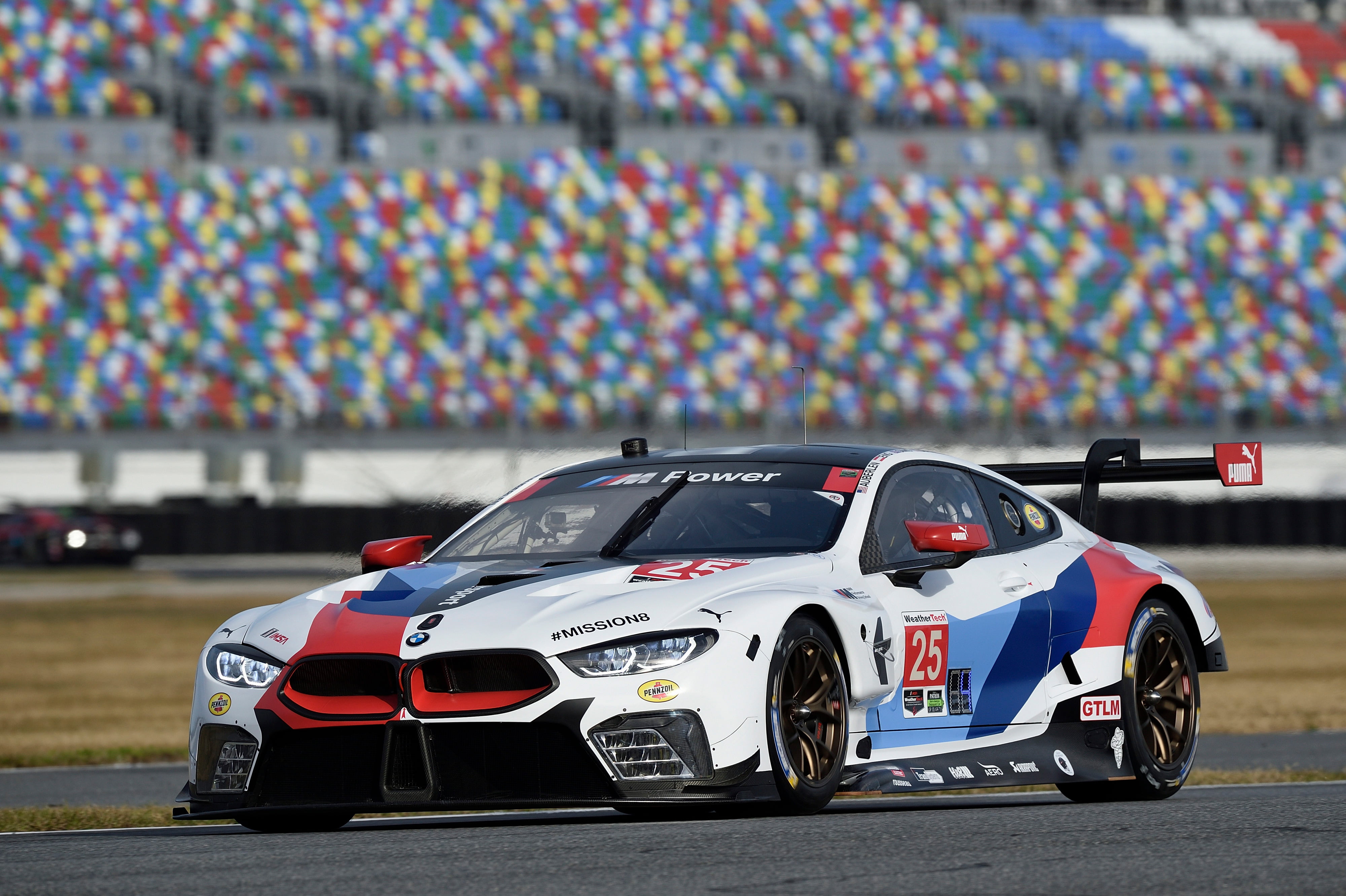 sports race, motorsport, shiny, 4K, sport, car, day, focus on foreground, motor racing track, bmw m8 gte, bmw, 2018 cars, racecar, competition, multi colored, HD Wallpaper