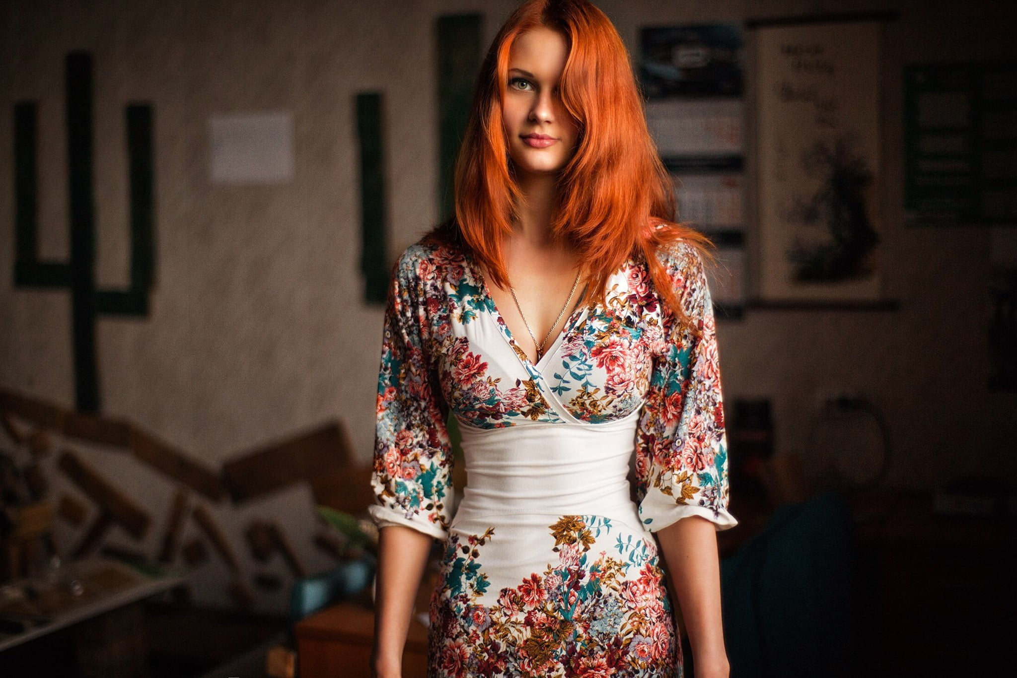 floral pattern, 1080P, redhead, indoors, beautiful woman, fashion, one person, architecture, young women, front view, clothing, three quarter length, beauty, HD Wallpaper