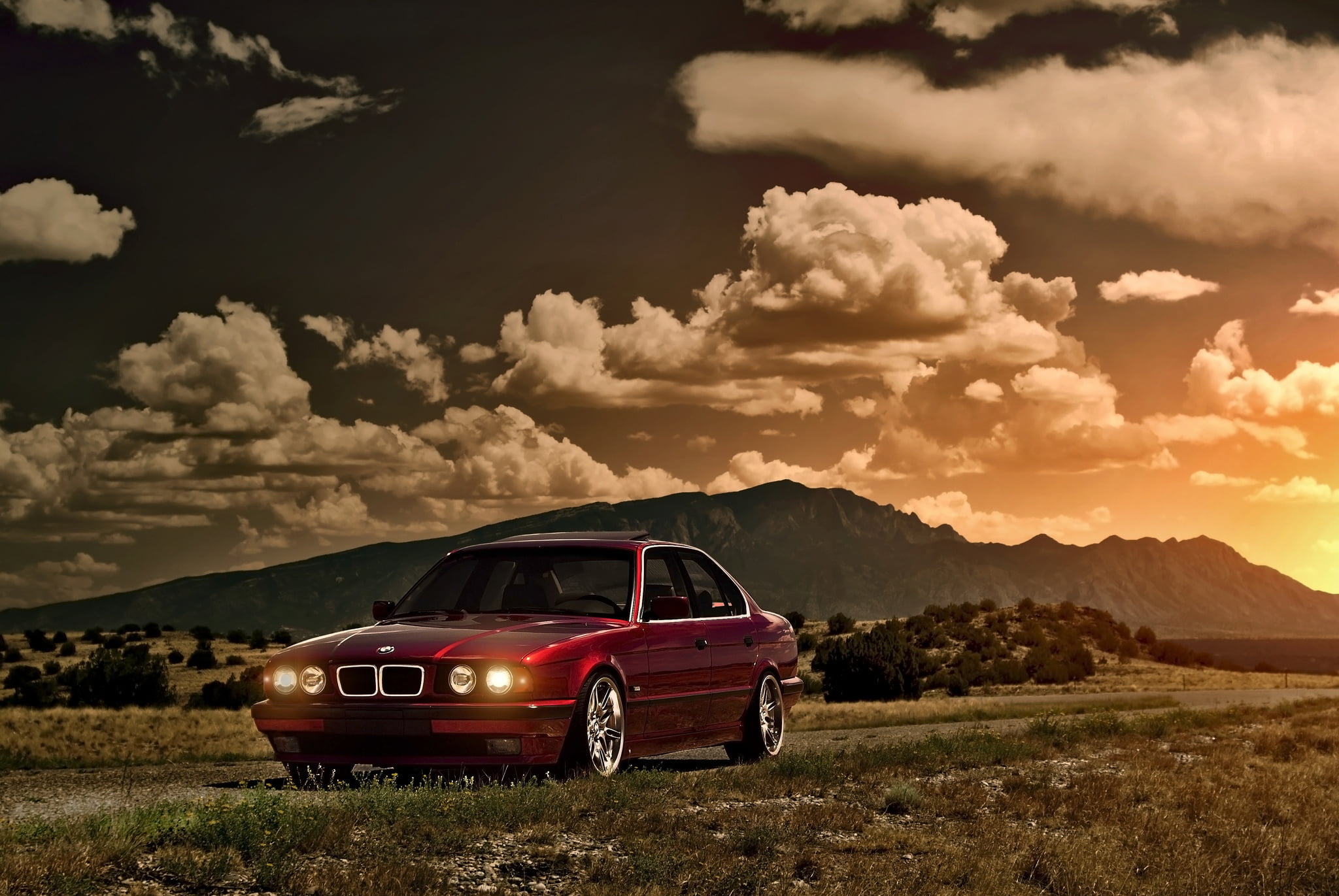 meadow, 1080P, grass, BMW, wheel, summer, no People, adventure, transportation, extreme Terrain, clouds, 5 Series, environment, Blik, mountain, retro Styled, HD Wallpaper