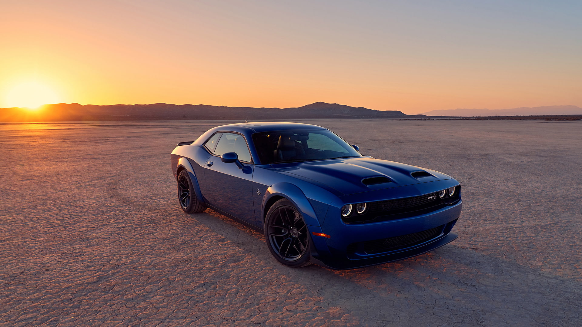Dodge Challenger, sunset, desert, 1080P, Dodge, luxury cars, blue cars, car, front angle view, HD Wallpaper
