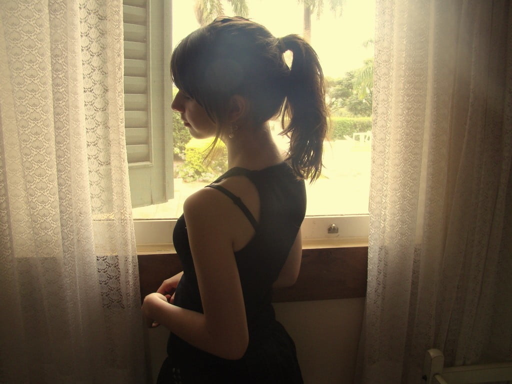 adult, contemplation, young women, hair, rear view, home interior, clothing, brunette, women, curtain, ponytail, 480P, beautiful woman, standing, lifestyles, HD Wallpaper