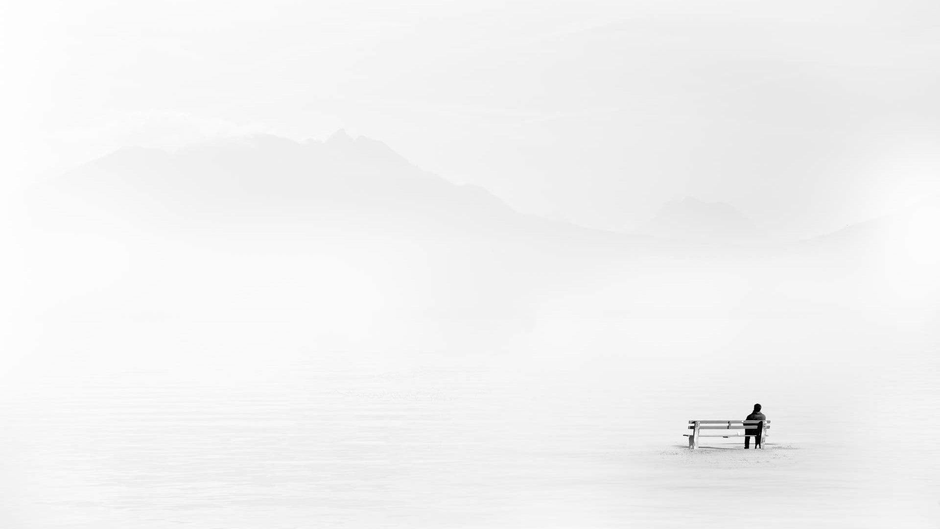 white background, mountains, minimalism, landscape, rear view, silhouette, nature, snow, winter, men, bench, alone, sitting, 1080P, HD Wallpaper