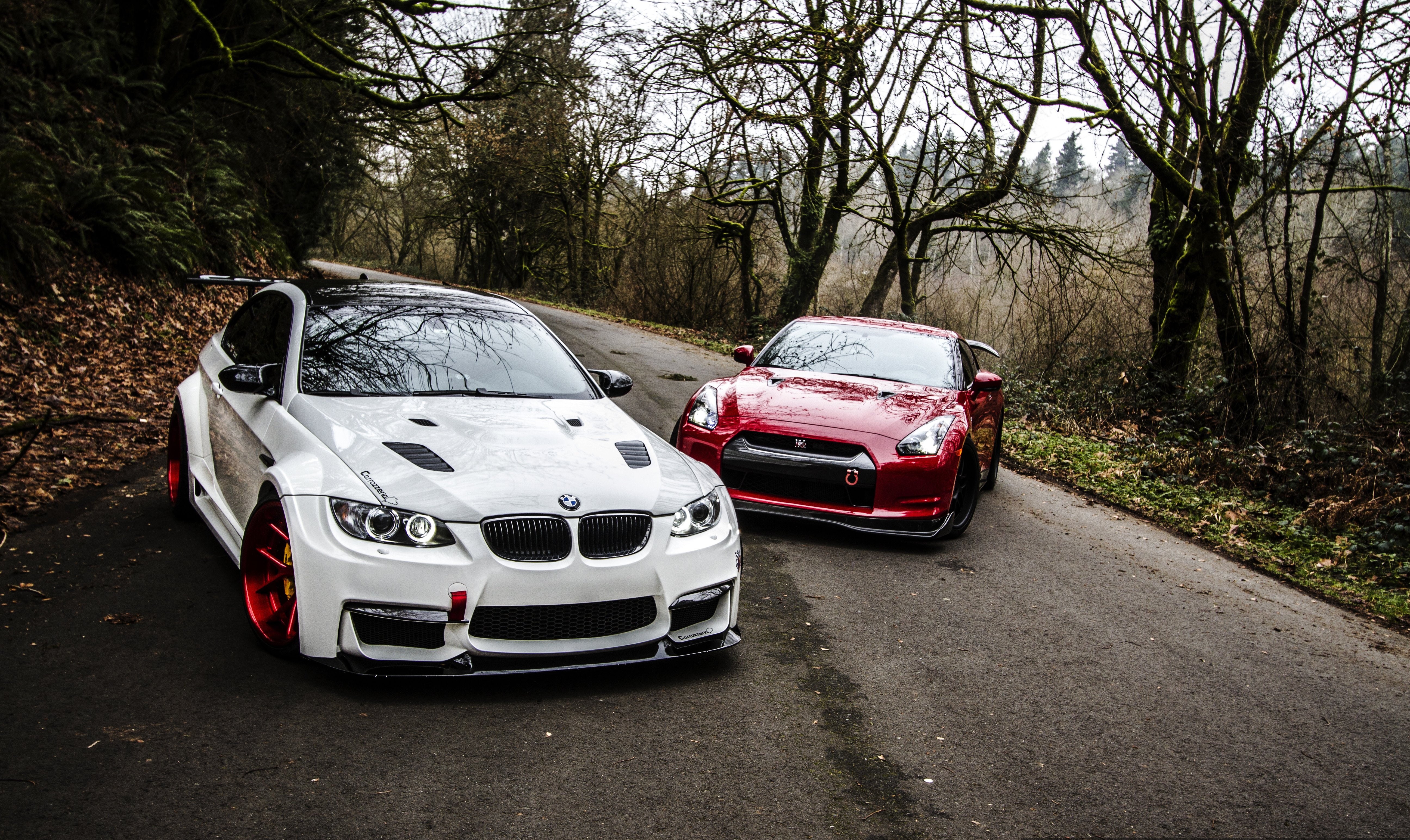 road, gtr, tuning, nissan, bmw, r35, e92, 5K, HD Wallpaper